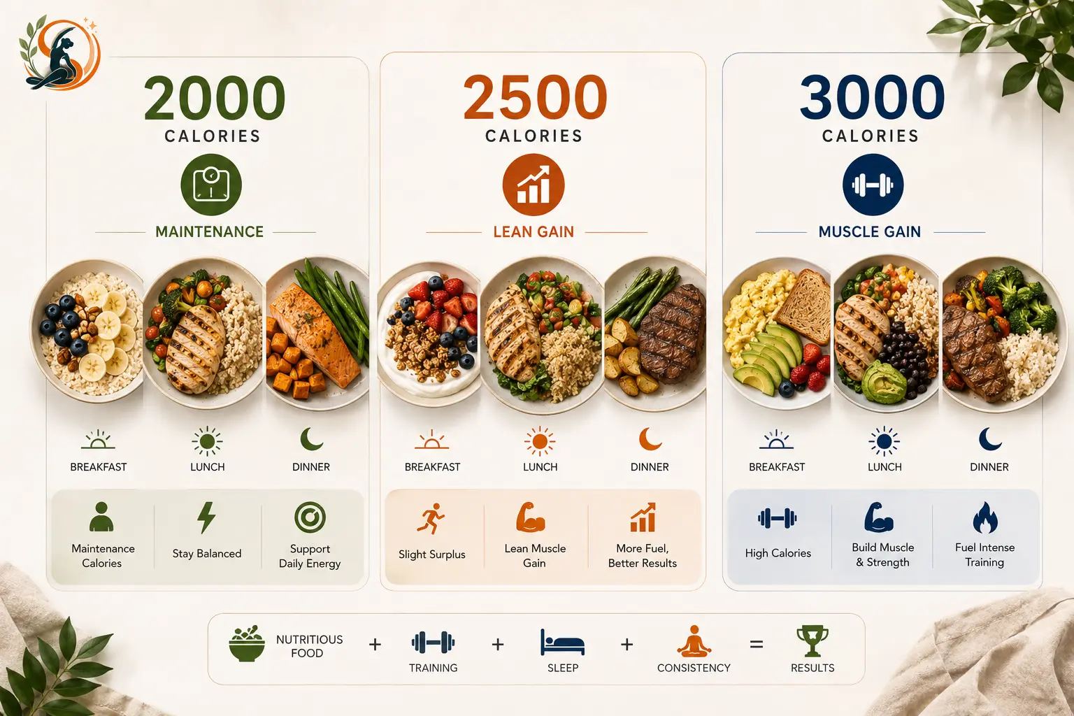 2000, 2500 and 3000 calorie meal plans compared for maintenance, lean muscle gain and muscle gain, with healthy meals and fitness icons.