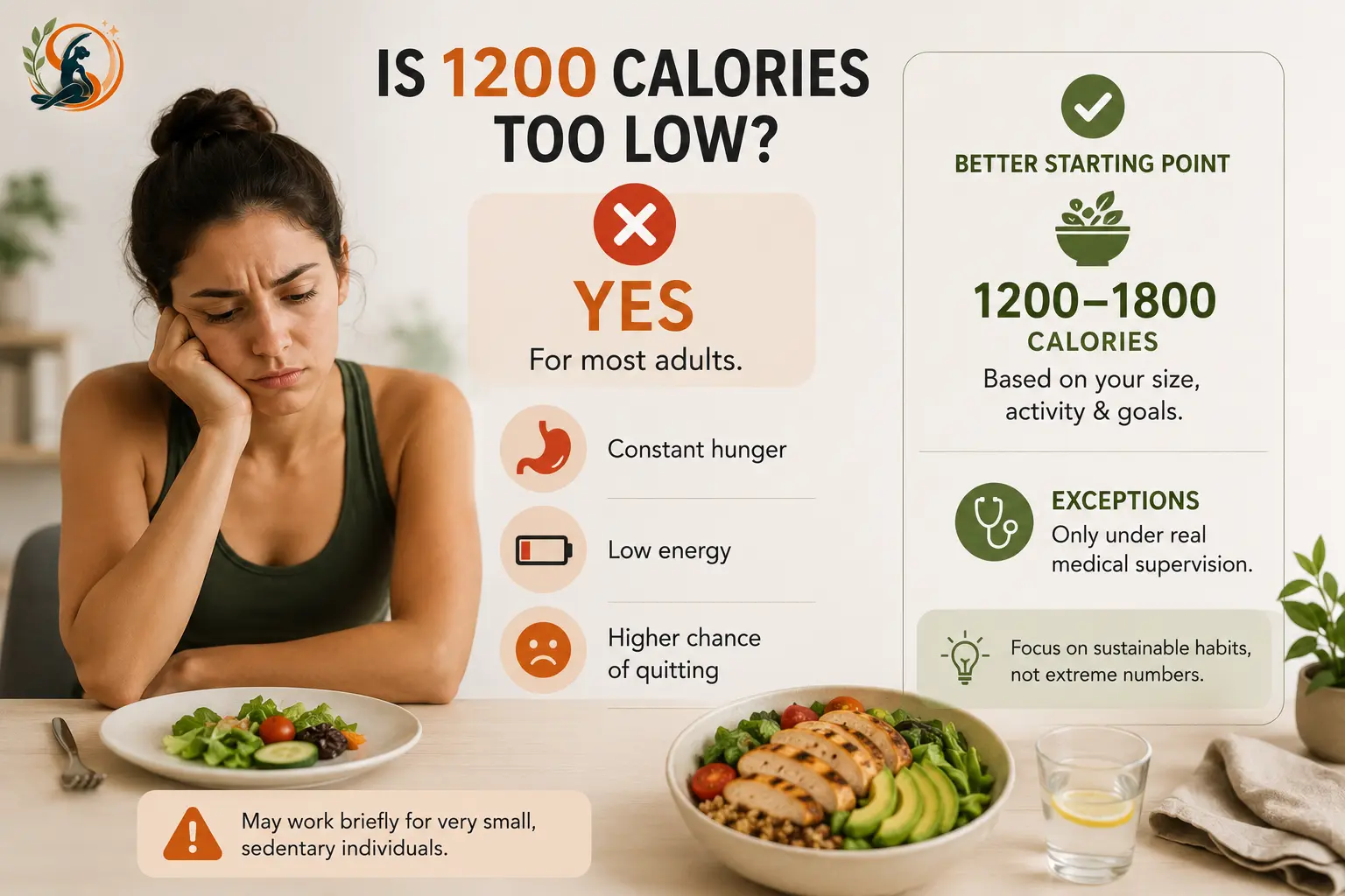 1200-calorie diet visual showing why it may be too low for most adults, with hunger, low energy and sustainability concerns.