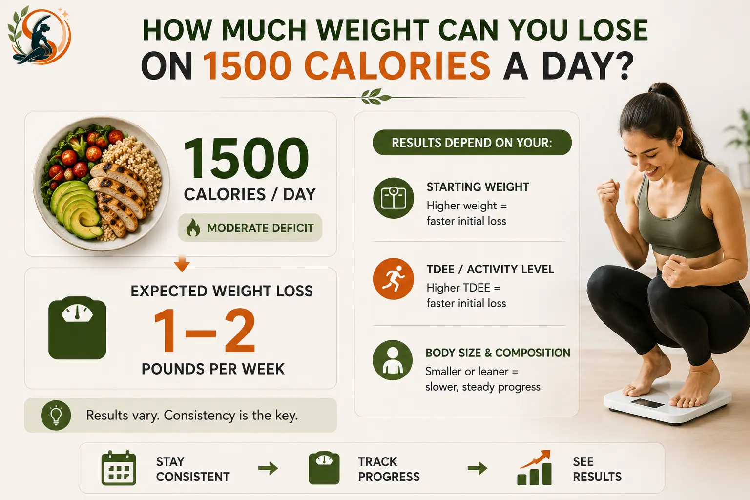 1500-calorie daily plan showing an estimated 1–2 pounds of weekly weight loss, with results varying by starting weight, TDEE, activity level and body composition.