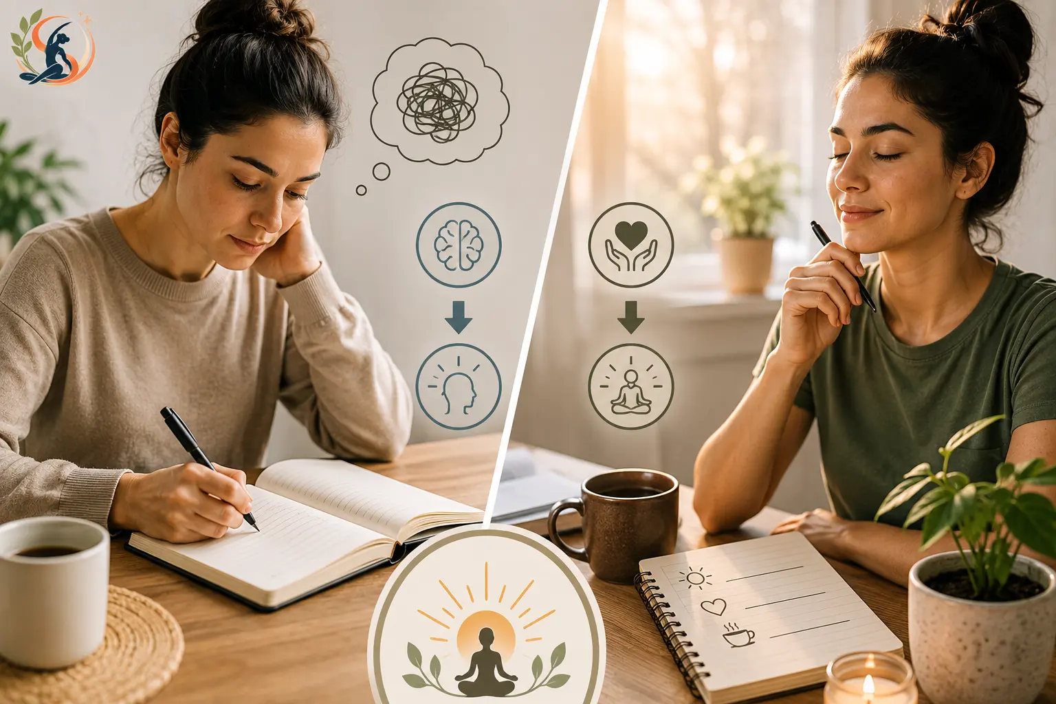 Woman writing in a journal at a table during her morning interview prep routine