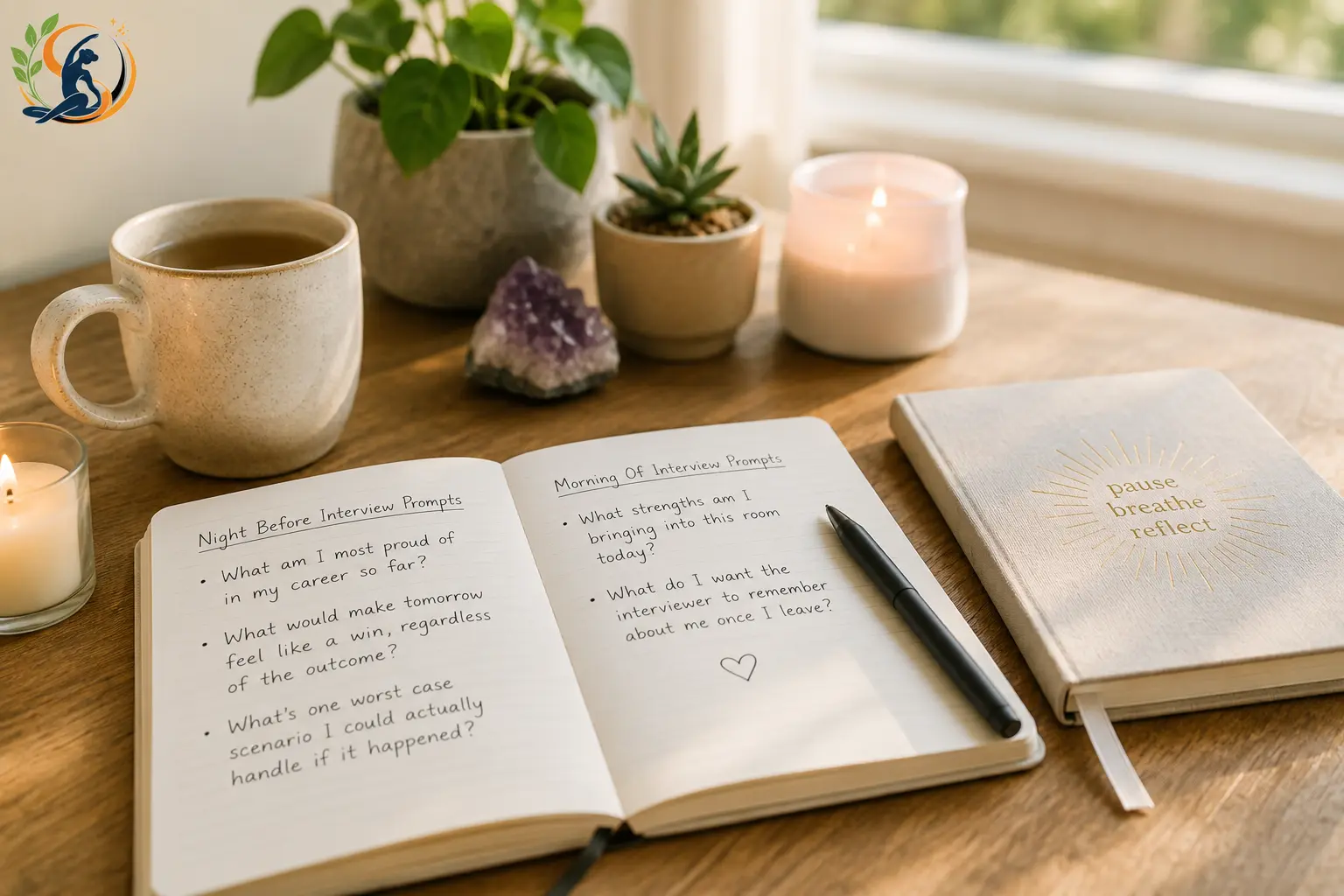 Open journal with handwritten mindfulness prompts and a cup of coffee on a desk