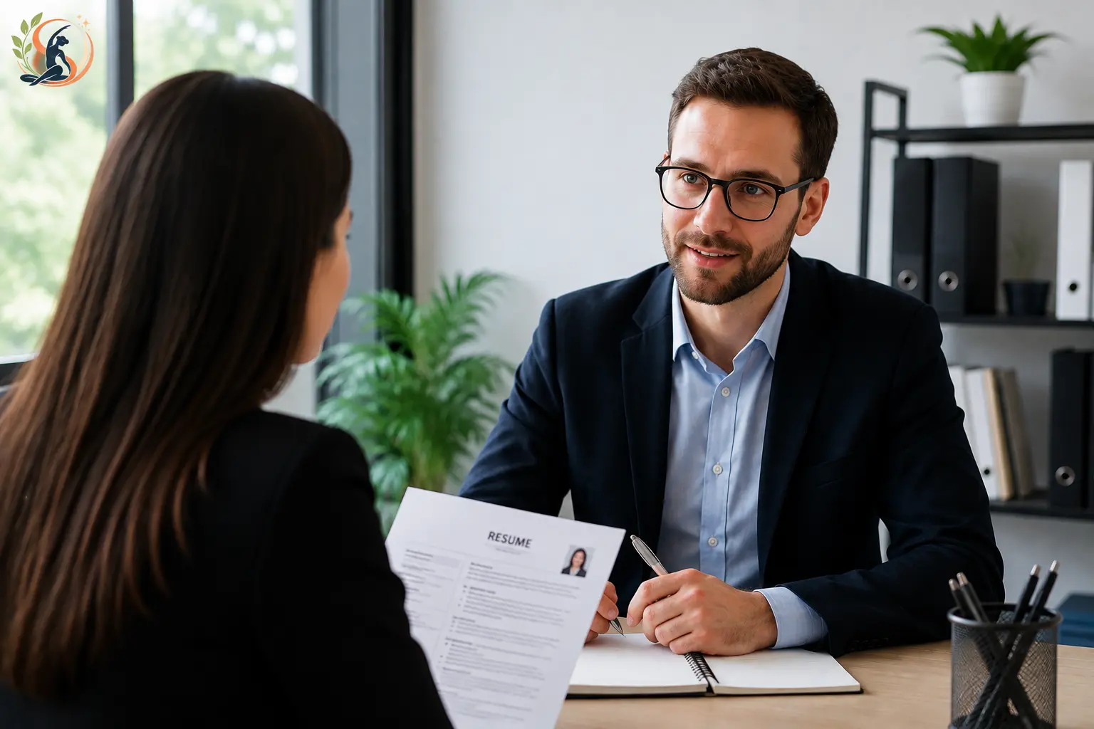 Job candidate reviewing interview notes and resume before walking into a meeting