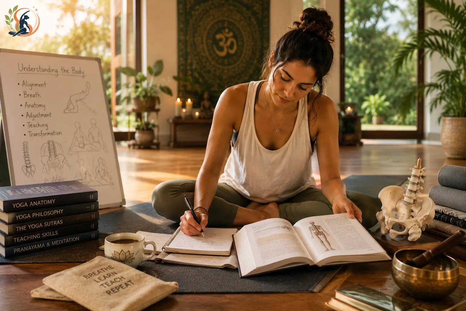 Yoga students learning fundamentals during a 200 hour yoga training session