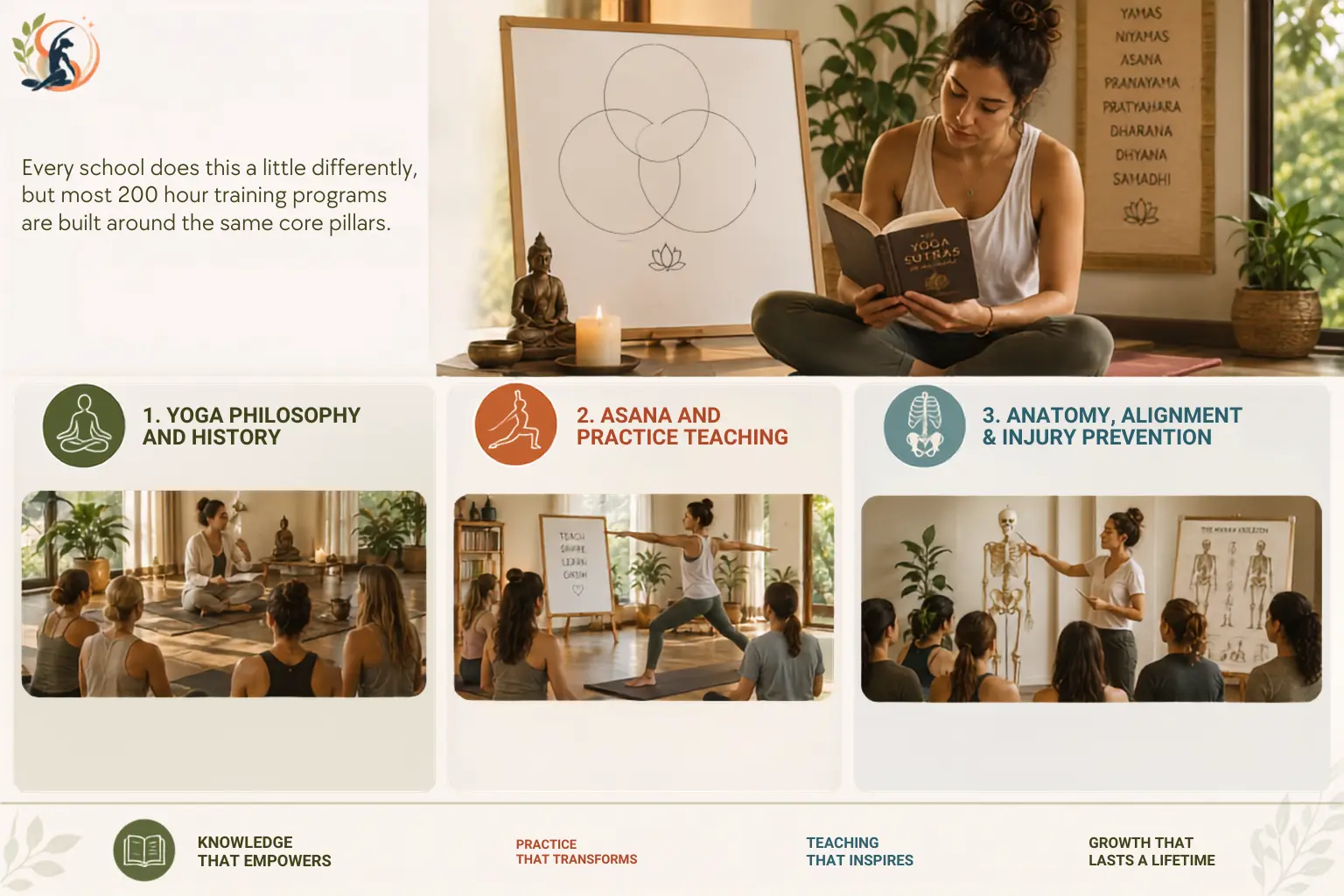 Yoga teacher training class covering philosophy, asana, and anatomy modules