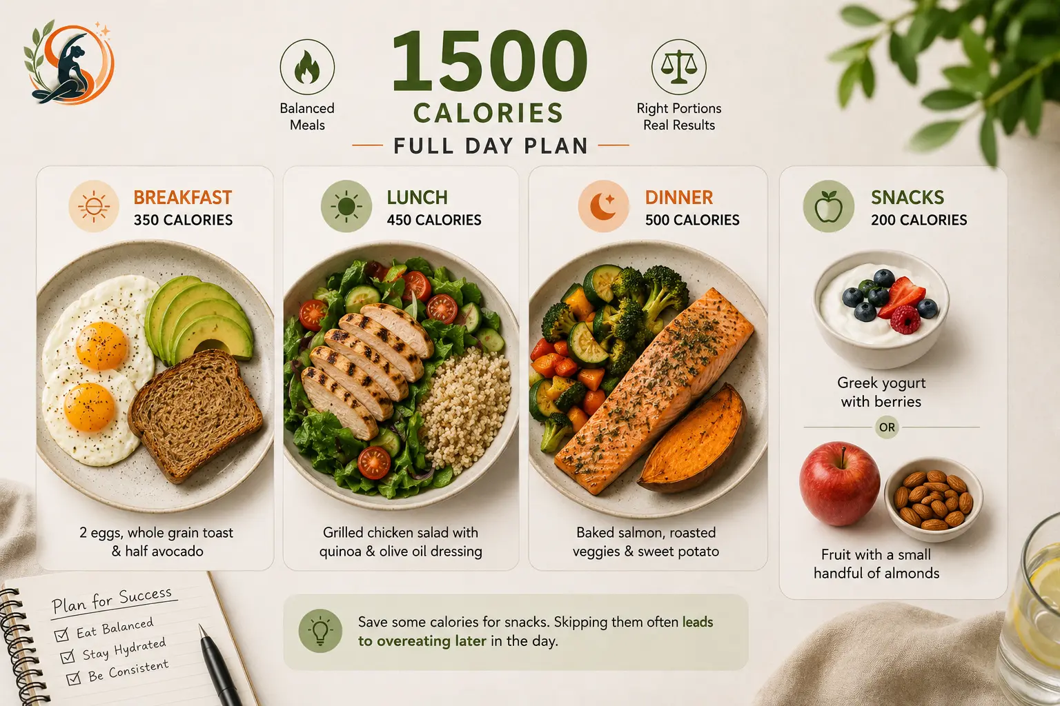 1500-calorie full-day meal plan showing a 350-calorie egg breakfast, 450-calorie chicken salad lunch, 500-calorie salmon dinner and 200-calorie snack options.