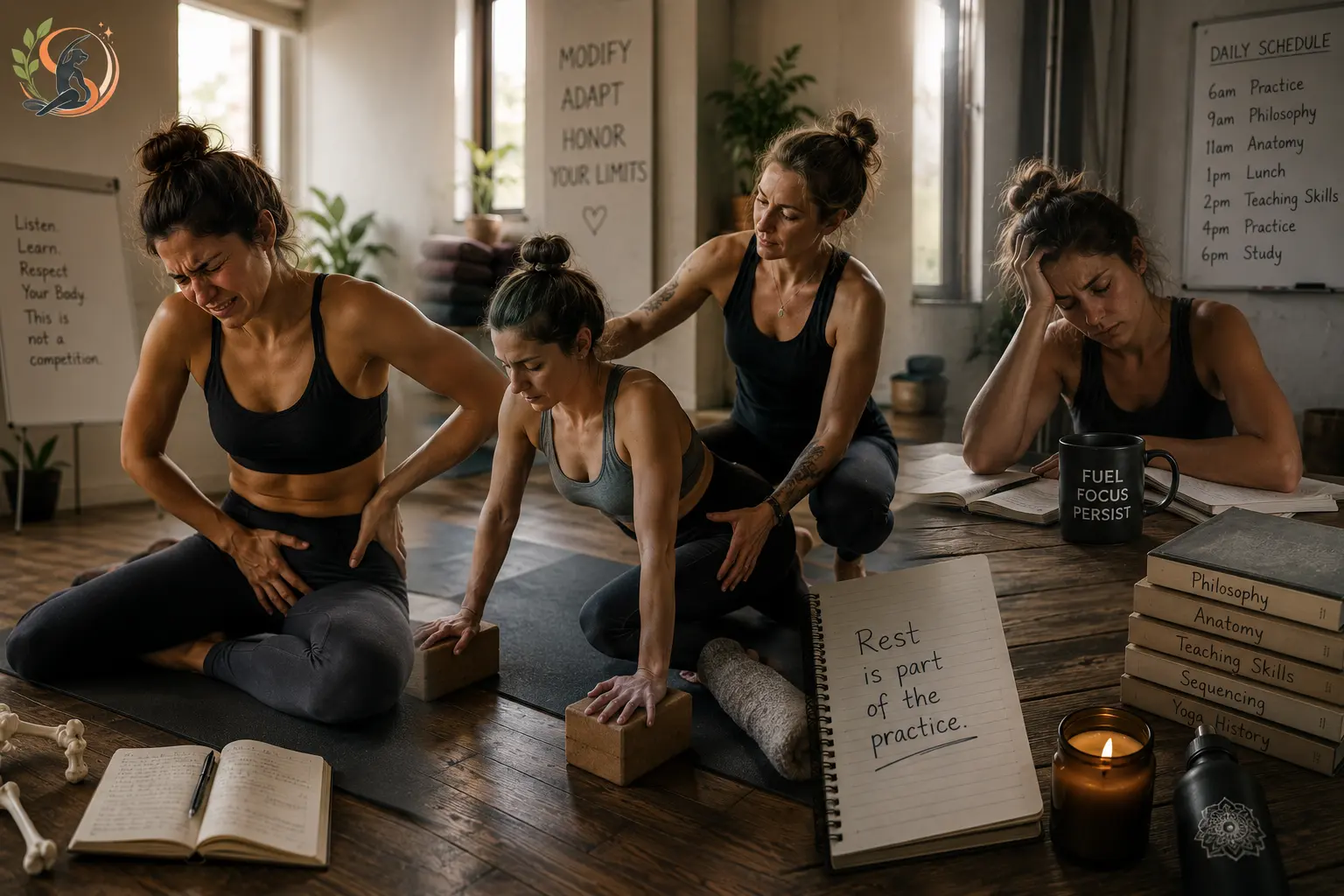 Yoga teacher training students dealing with hip pain, pose modifications, physical exhaustion and the need for rest.