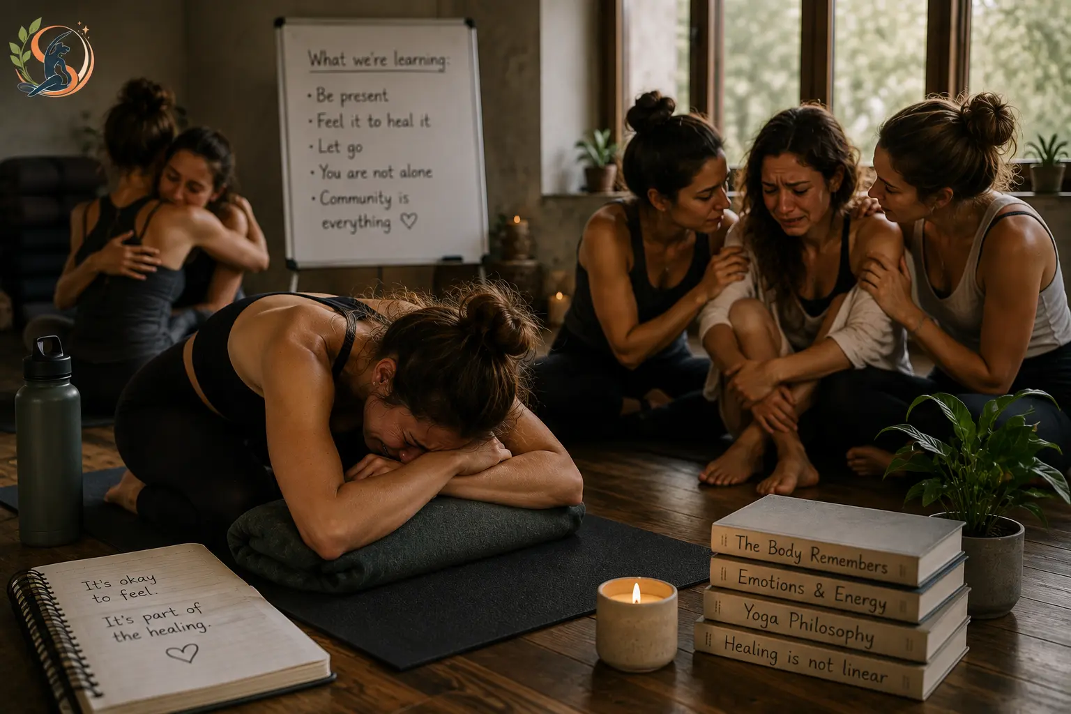Yoga teacher trains students crying during practice while her cohort offers emotional support and comfort.