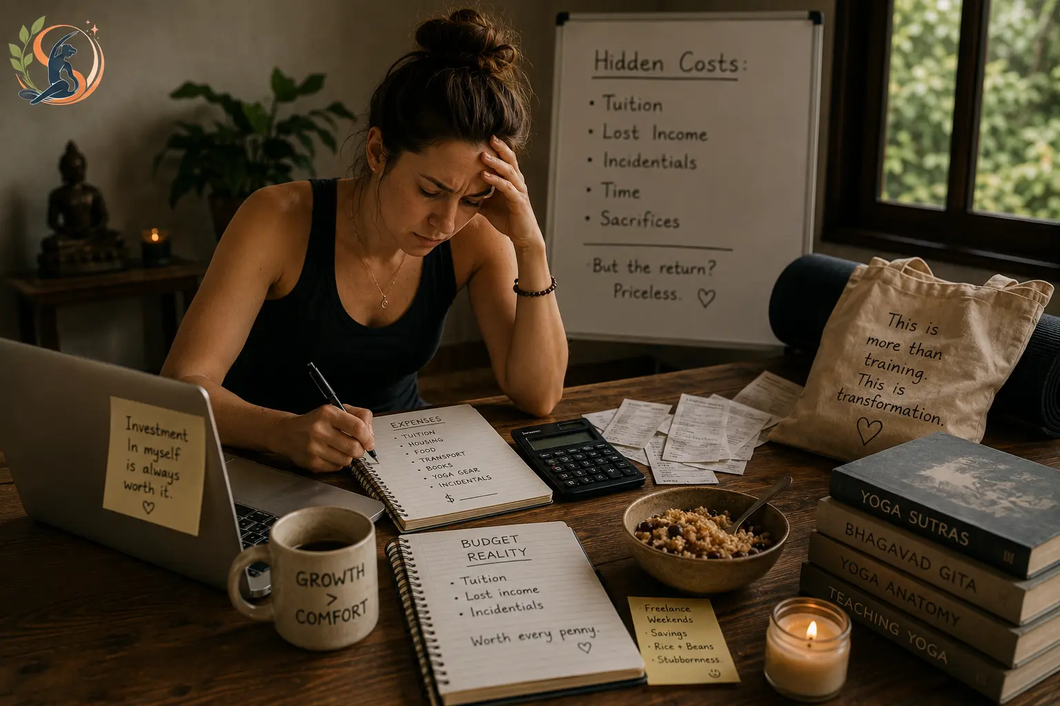 Yoga teacher training student budgeting tuition, lost income and hidden expenses while working freelance to fund her training.