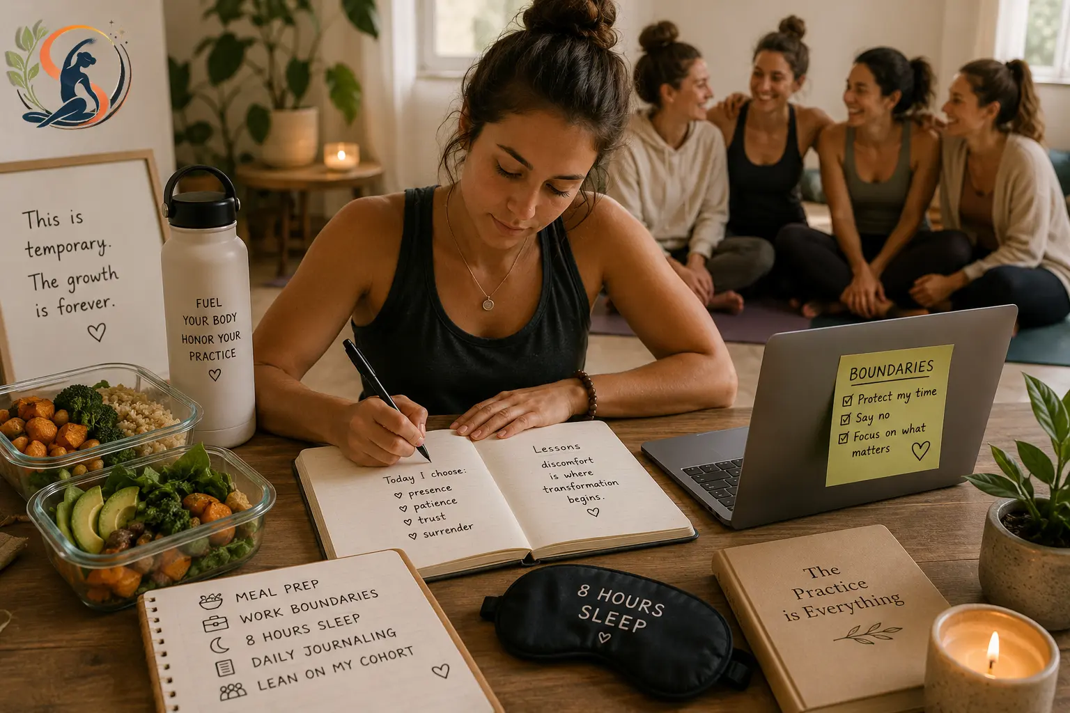 Yoga teacher training student journaling while meal prepping, setting work boundaries, prioritizing sleep, and receiving support from her cohort.
