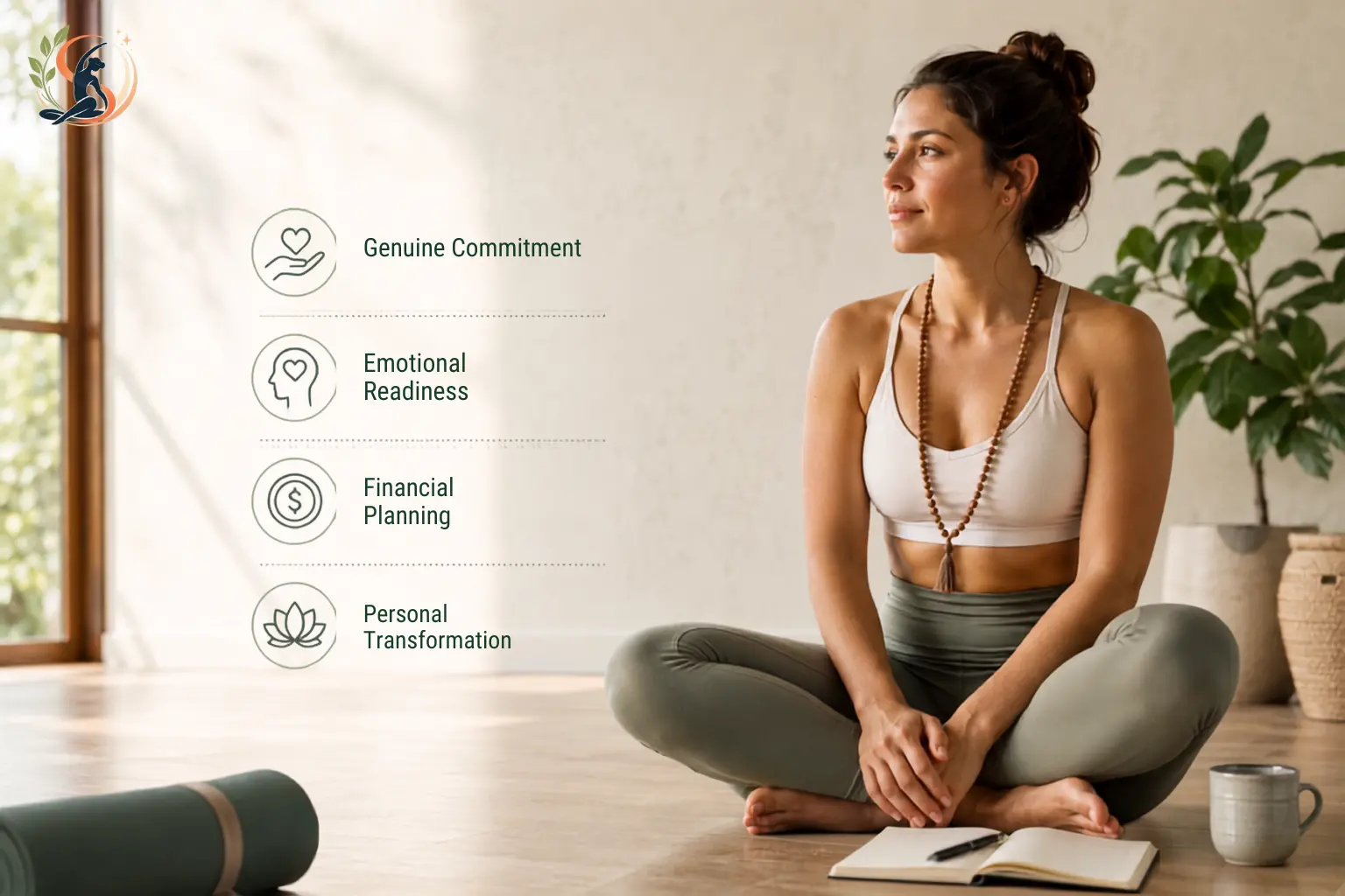 Woman practicing yoga in a bright studio, illustrating commitment, personal growth, and deeper learning through a 300-hour yoga teacher training.