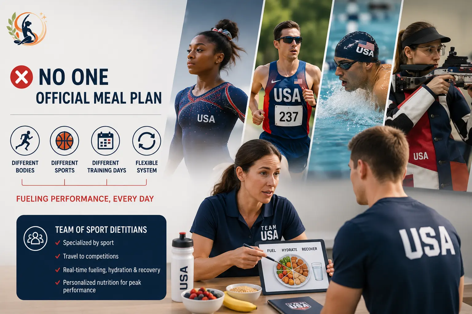 Team USA athletes from different sports meet with a sport dietitian to create personalized nutrition plans based on their sport, training days, fueling, hydration and recovery needs.
