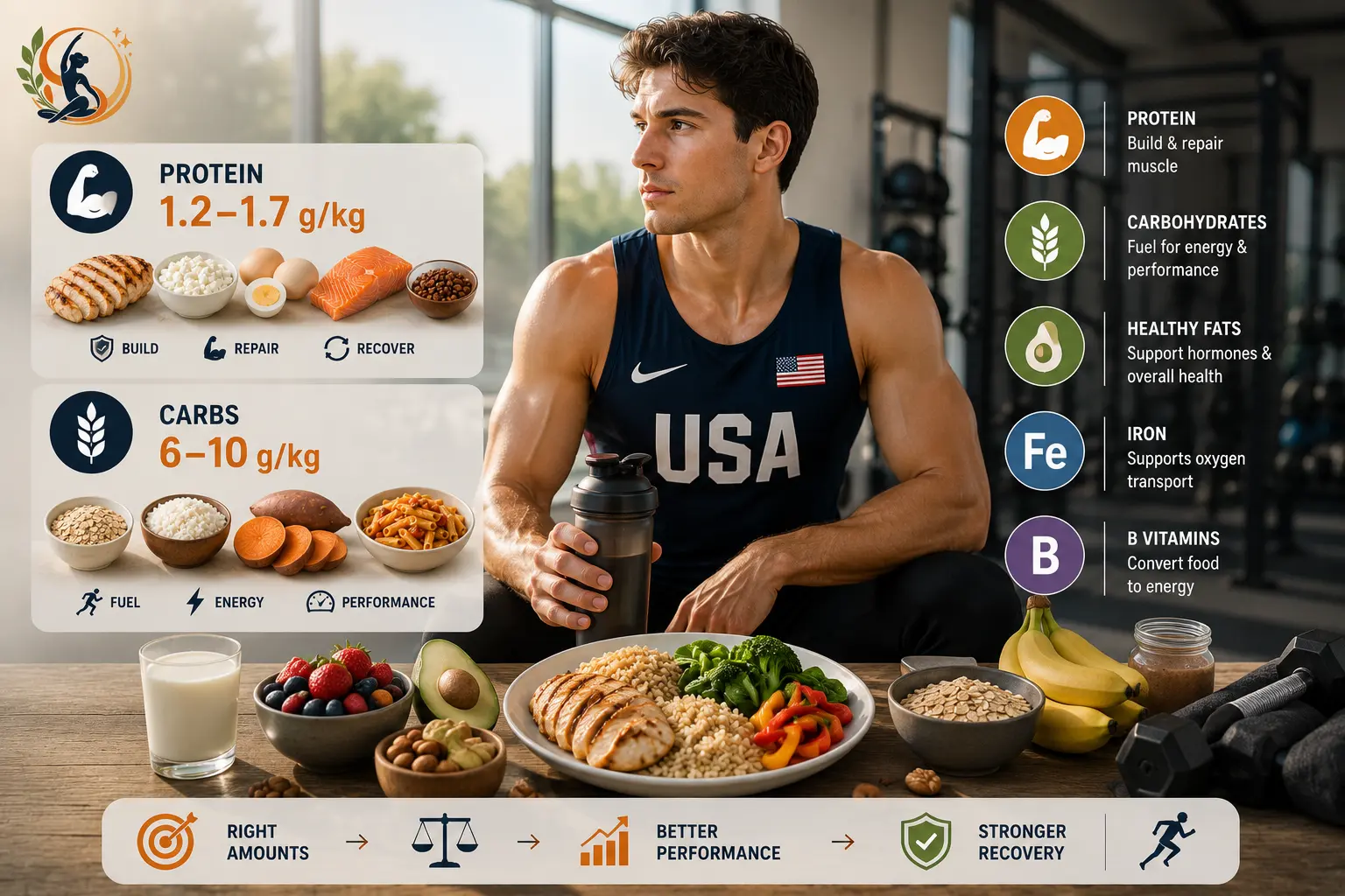 Athlete-focused nutrition guide showing protein, carbohydrates, healthy fats, iron and B vitamins for muscle recovery, energy, performance and overall health.