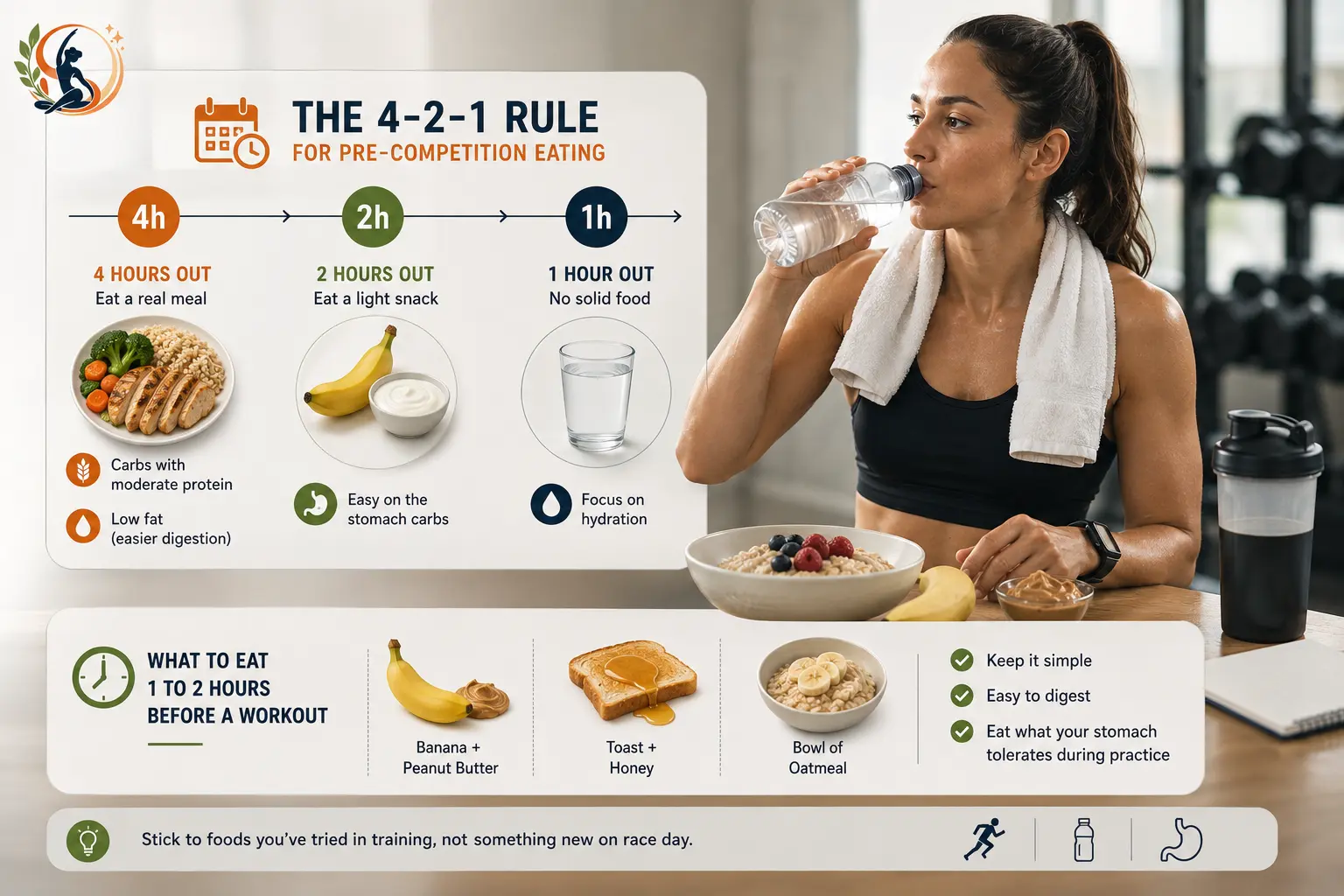 Athlete pre-workout nutrition guide showing the 4-2-1 timing rule: a full meal 4 hours before, a light snack 2 hours before and hydration 1 hour before training.