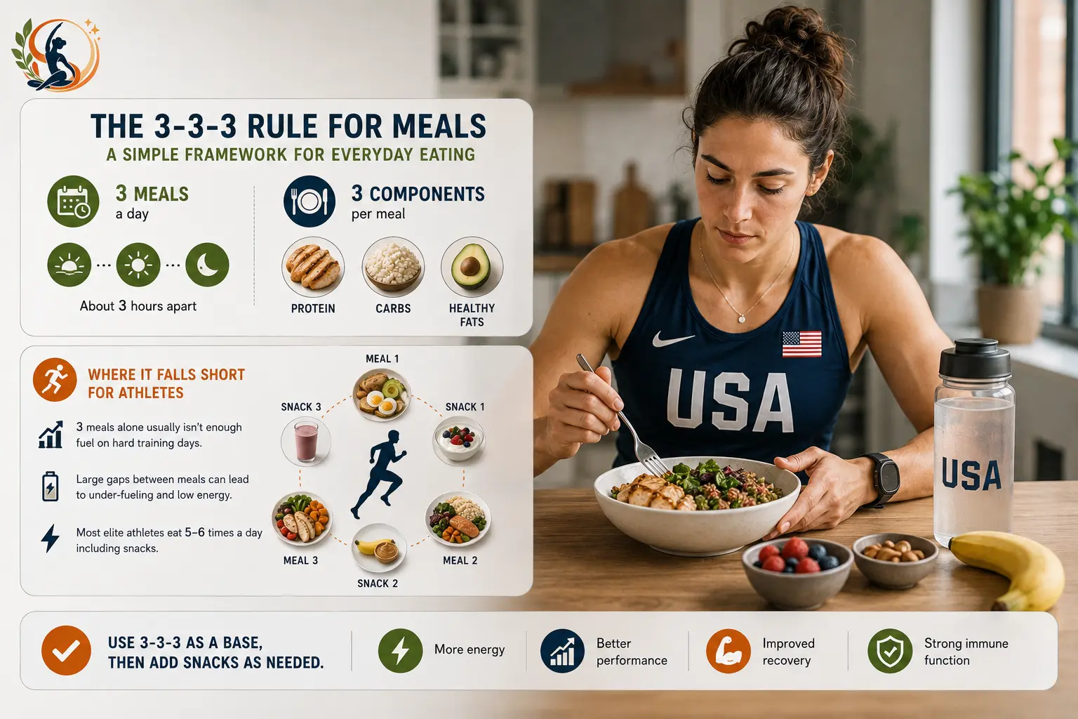 Athlete meal guide showing the 3-3-3 framework of three meals, three hours apart, with protein, carbs and healthy fats, plus extra snacks for demanding training days.