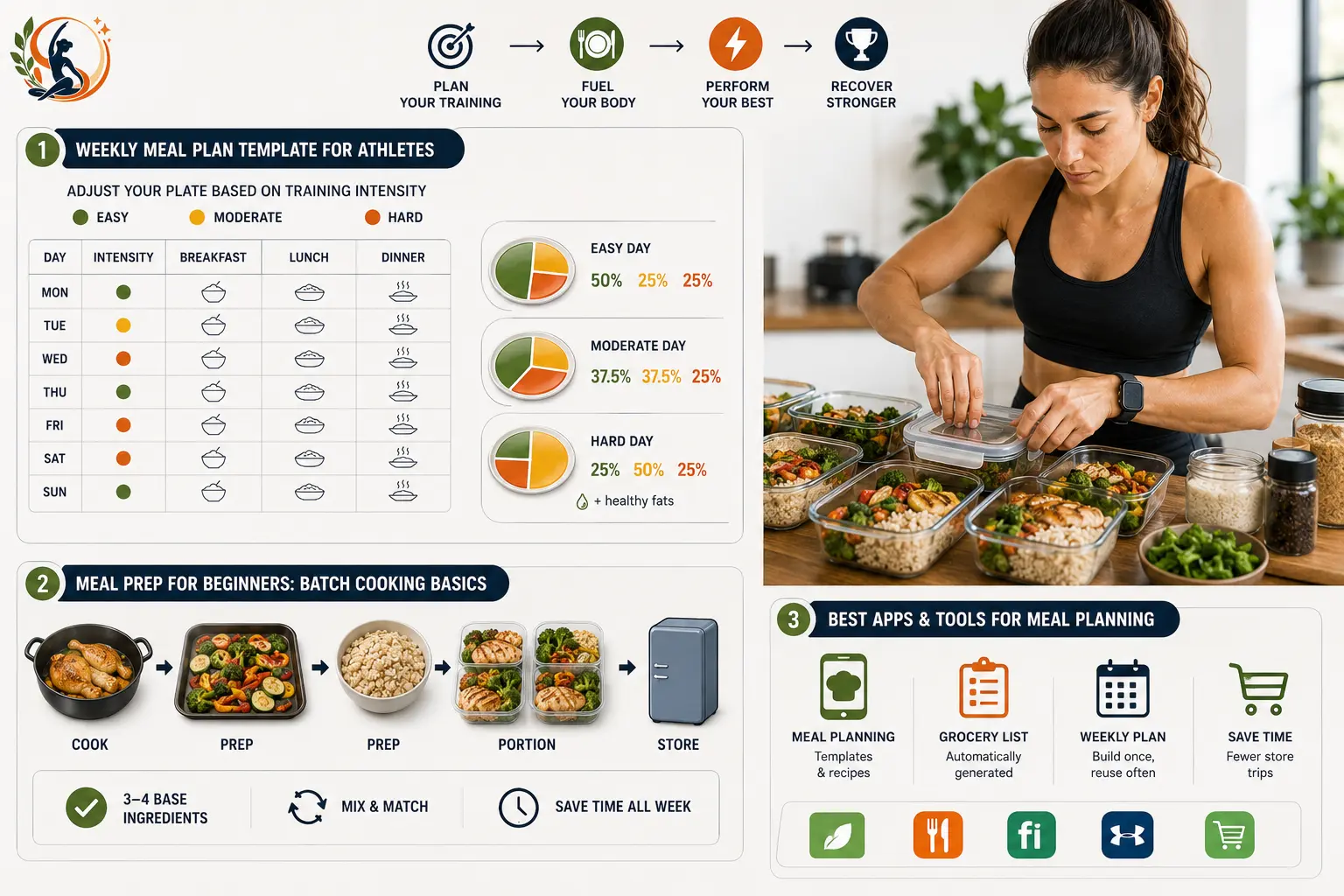 Athlete meal-planning guide showing a weekly training-based meal template, batch cooking and portioned meal prep and meal-planning tools for saving time.