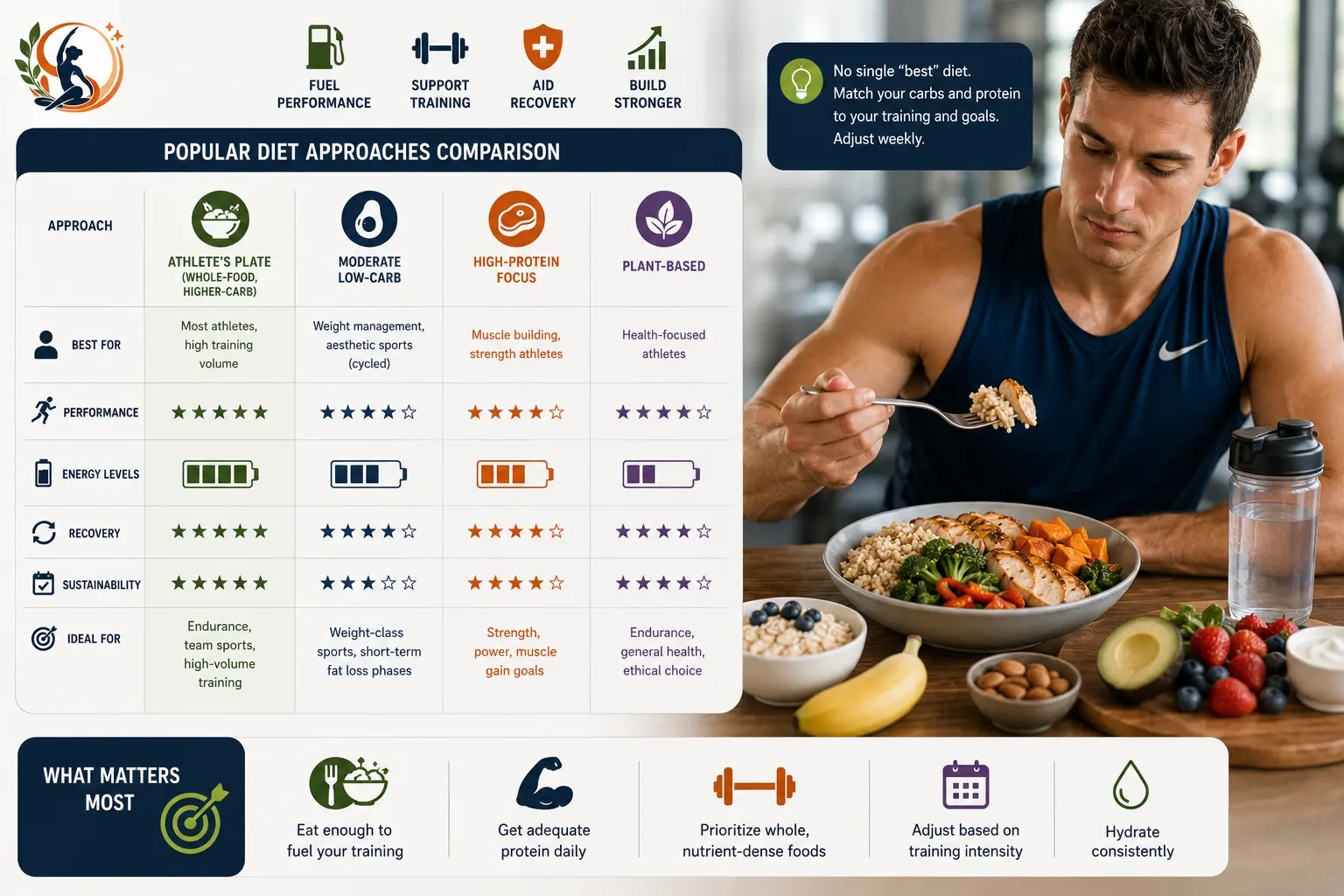Athlete nutrition comparison showing different diet approaches, with a balanced higher-carb whole-food approach emphasized for training performance, energy, recovery and sustainable fueling.