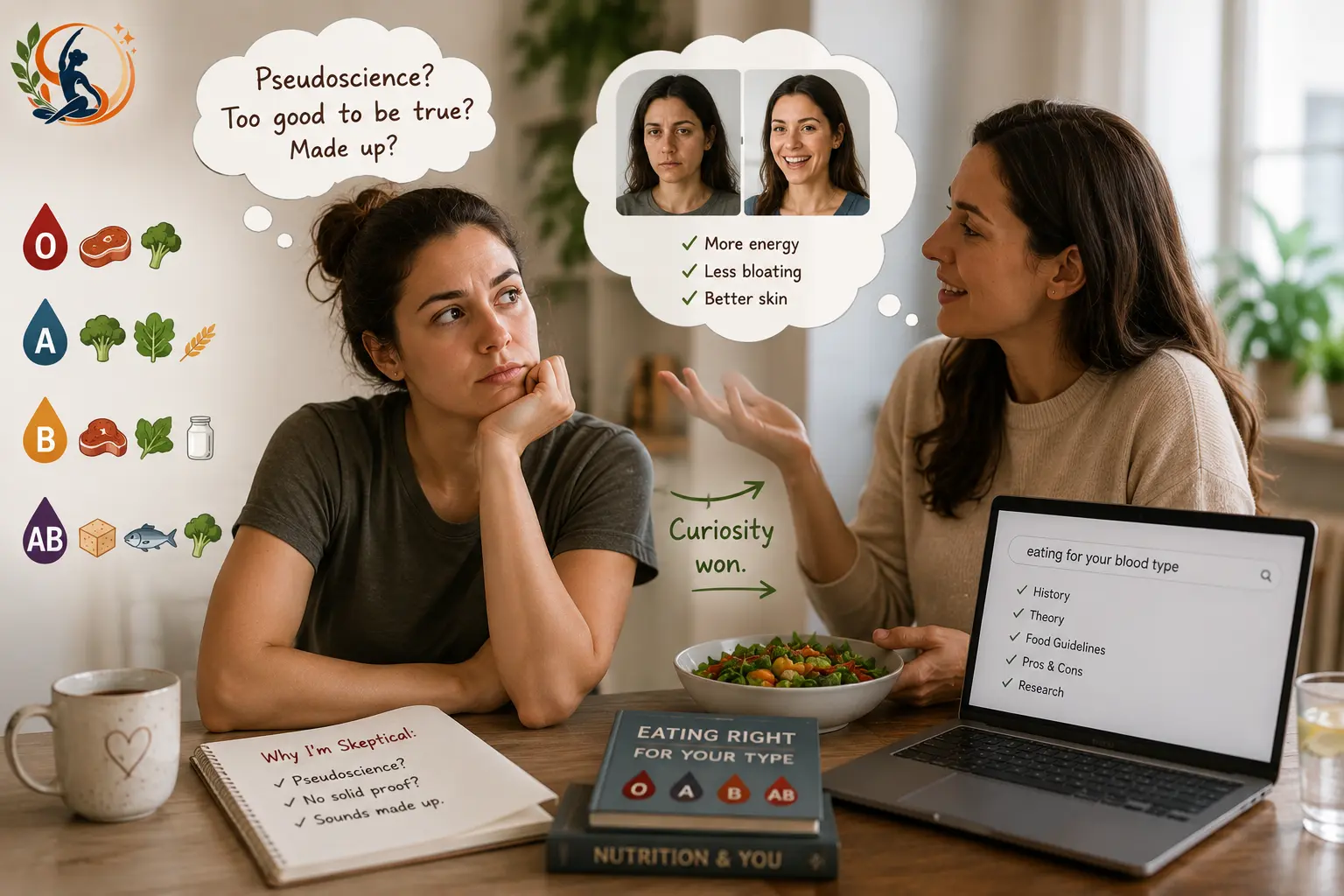 Two women discussing the blood type diet at a kitchen table, with healthy food, blood type symbols, nutrition research and notes representing curiosity and skepticism.