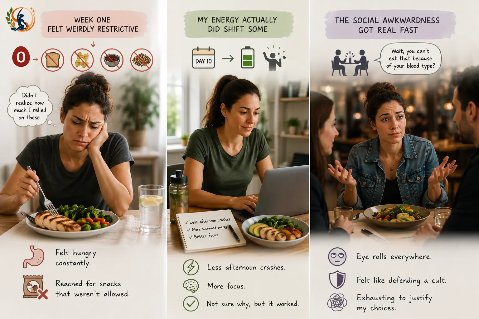 Three-panel visual of a woman’s Type O eating experience, showing a restrictive first week, improved energy and focus by day ten and social challenges when explaining her food choices at a restaurant.