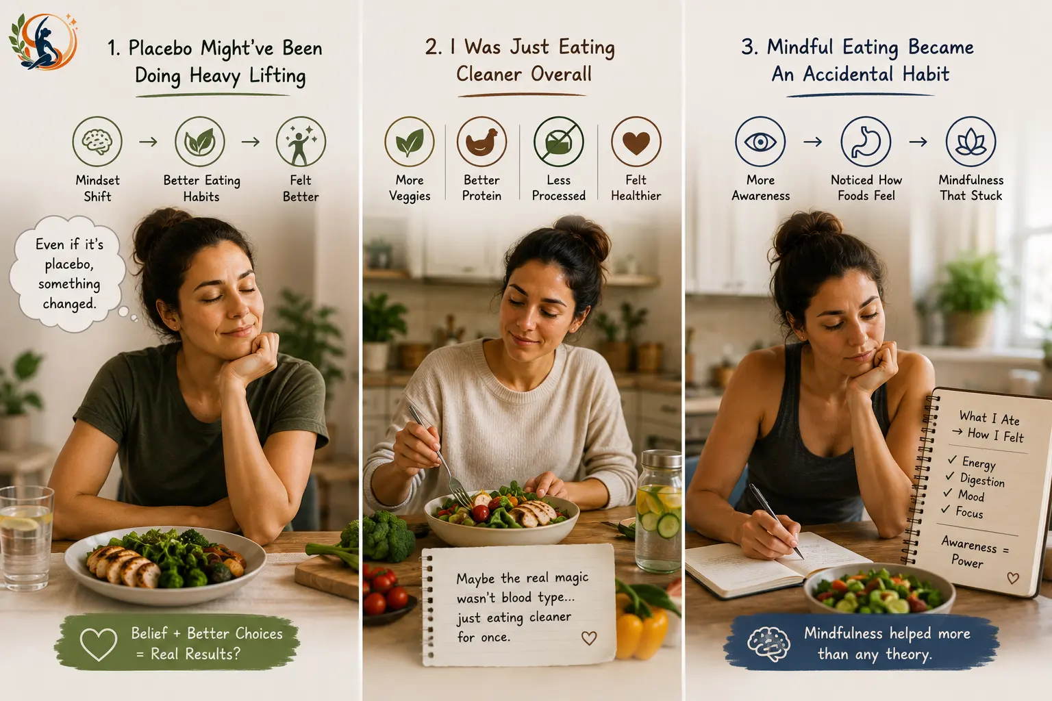 Three-panel visual showing a woman reflecting on her Type O diet experience, with healthier food choices, increased awareness of how food affects her energy and digestion and mindful eating through food journaling.