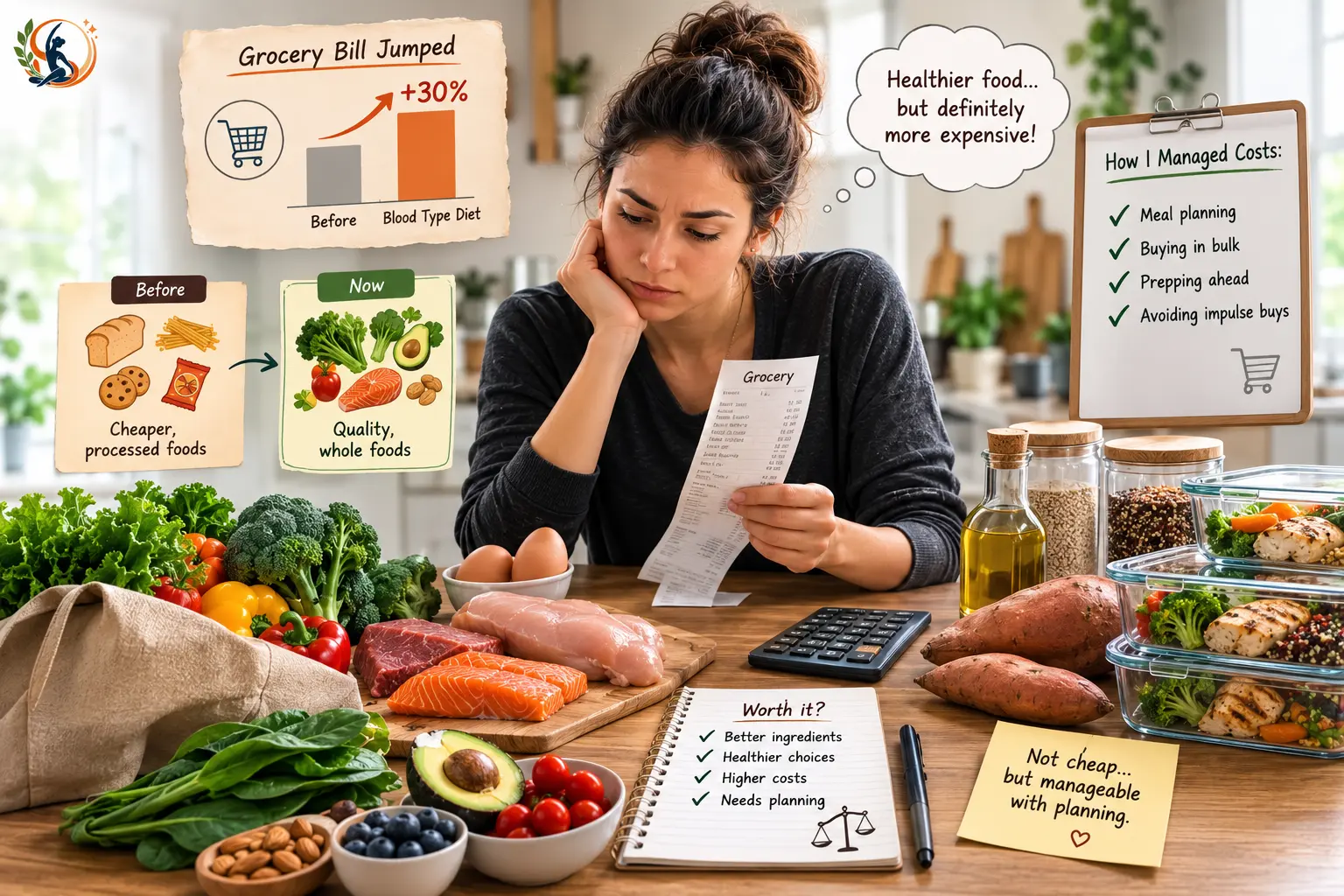 Woman reviewing the higher cost of a blood type diet, with a grocery bill showing a 30% increase, fresh whole foods, meal-prep containers and cost-saving strategies such as meal planning, buying in bulk and preparing food ahead.