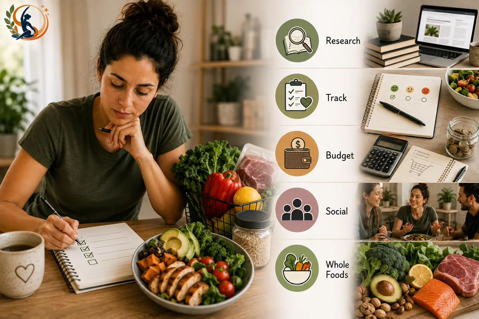 Woman planning a blood type diet with whole foods, using icons for research, tracking, budgeting, social situations and healthy food choices.