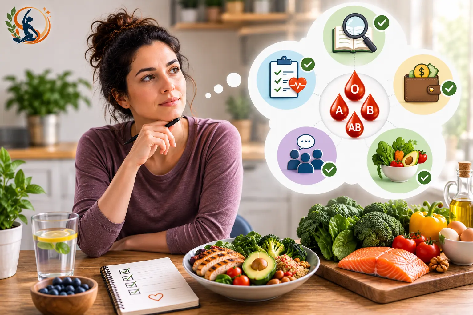 Woman considering a blood type diet, with icons representing research, tracking personal results, budgeting, social challenges and choosing whole foods.