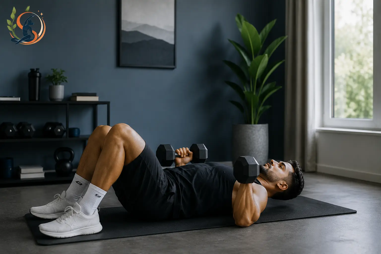 Person doing a dumbbell floor press on a mat at home