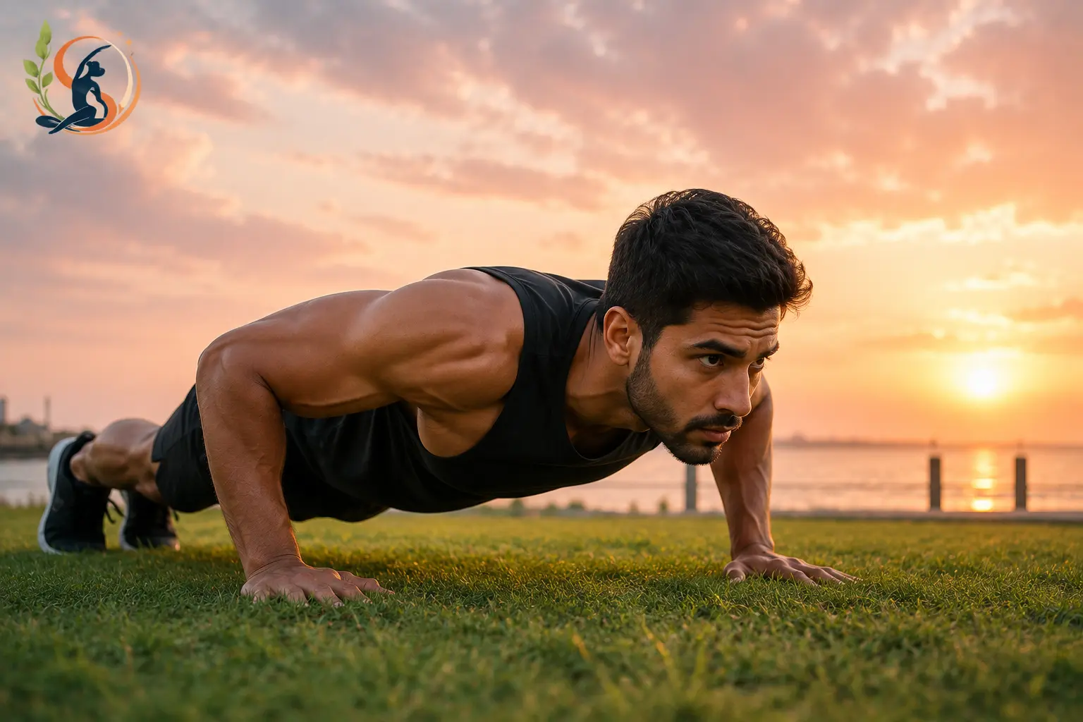 Person doing a push-up outdoors at sunrise