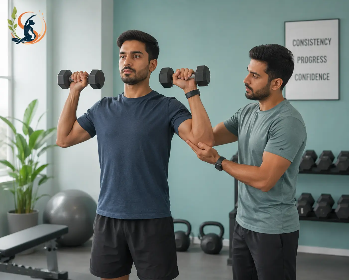 Beginner learning proper dumbbell press form with coach guidance