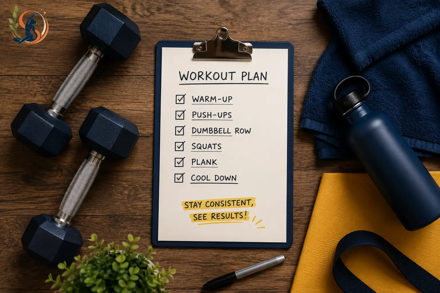 Workout checklist with dumbbells and water bottle flat lay