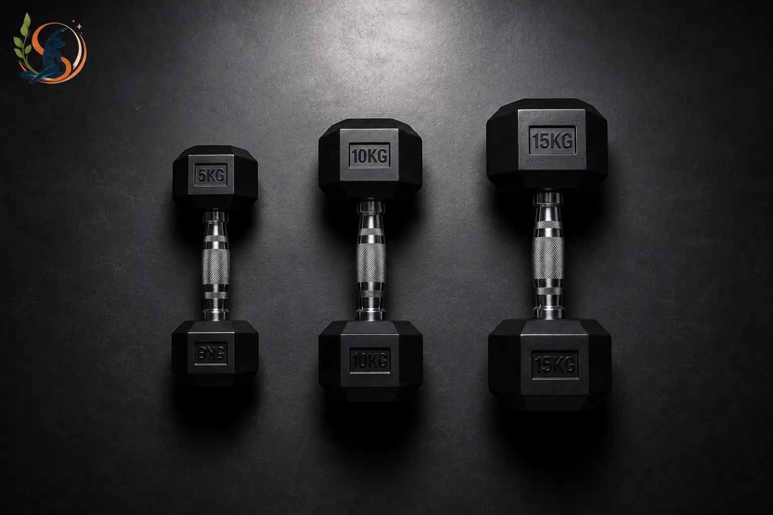 Three dumbbells of different weights arranged in a row