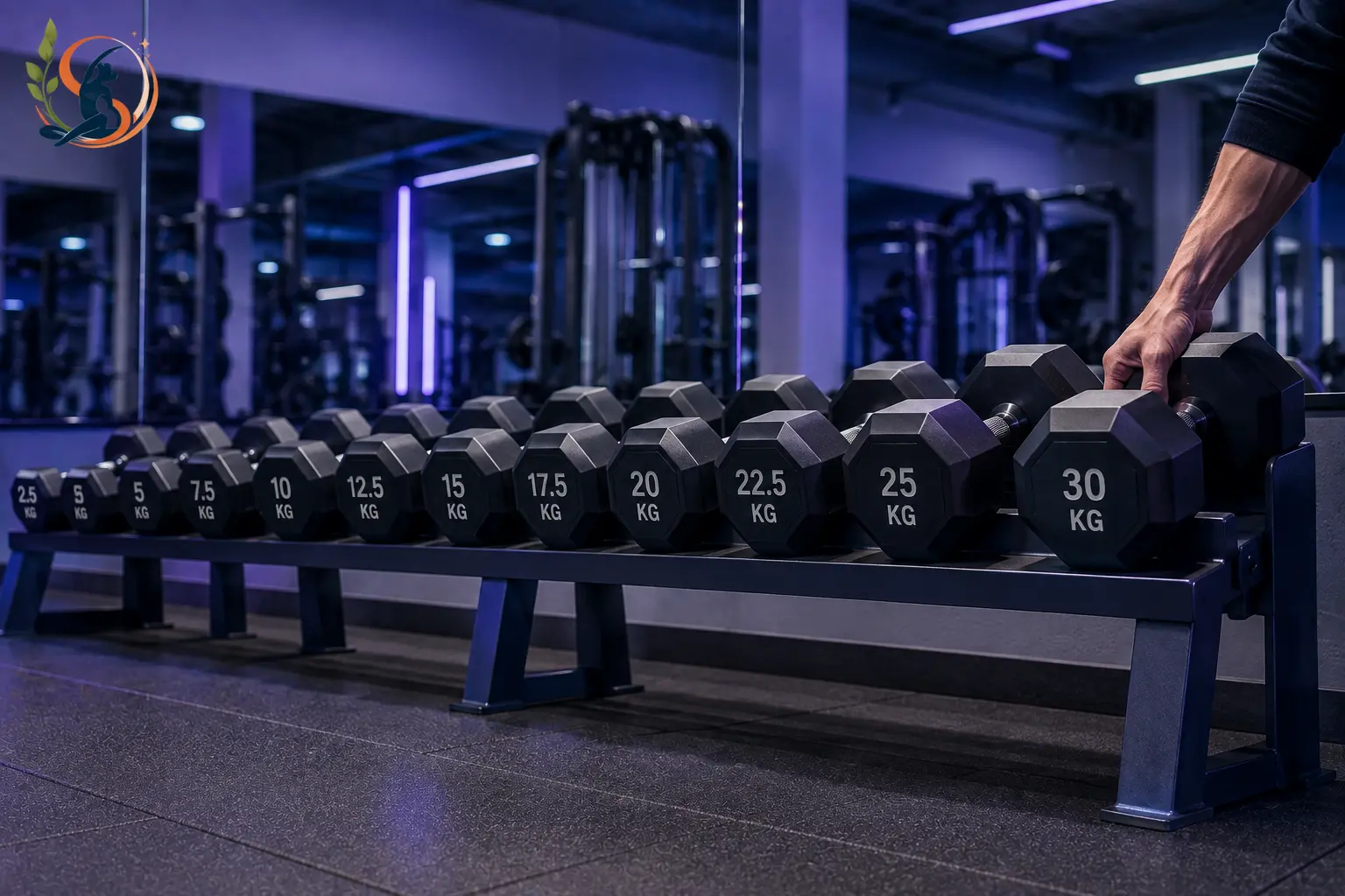 Row of dumbbell racks with increasing weights on a shelf