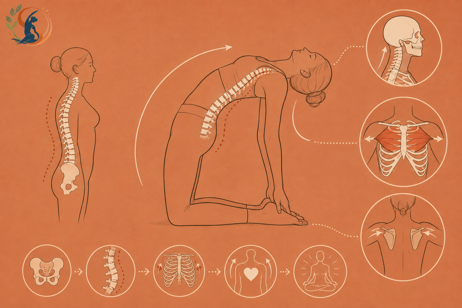 Anatomical diagram illustrating spine and chest mechanics in yoga pose camel