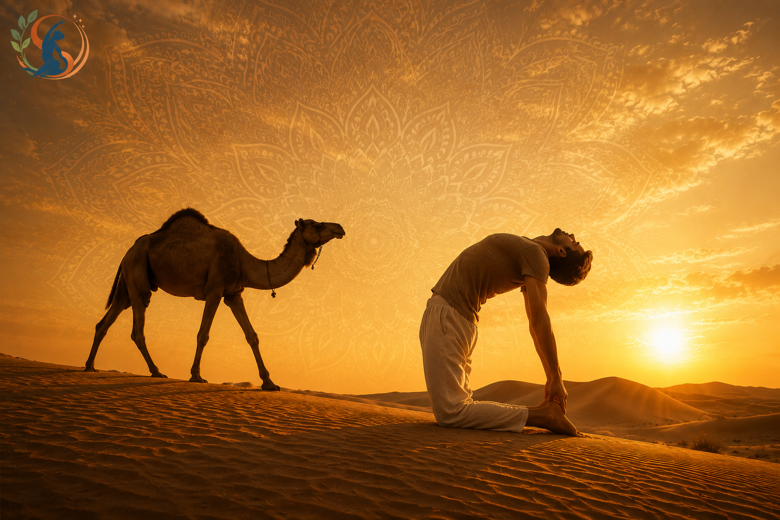 Camel walking across desert dunes symbolizing origin of yoga pose camel