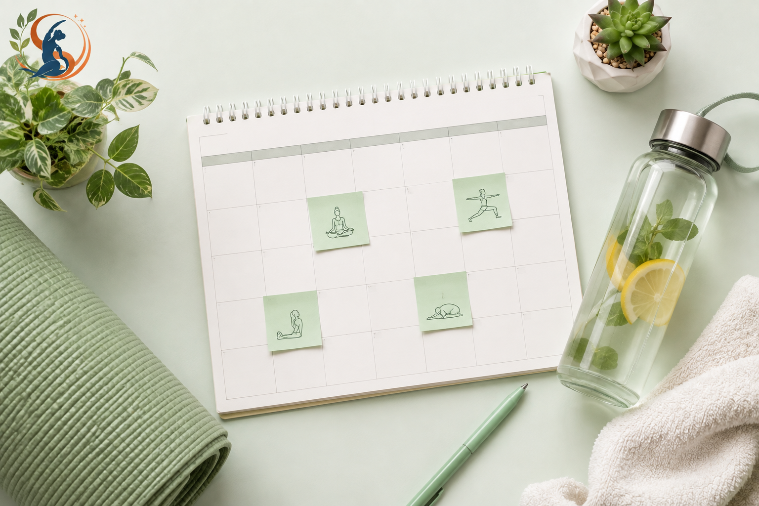 Weekly yoga practice calendar flat-lay for planning yoga pose camel sessions