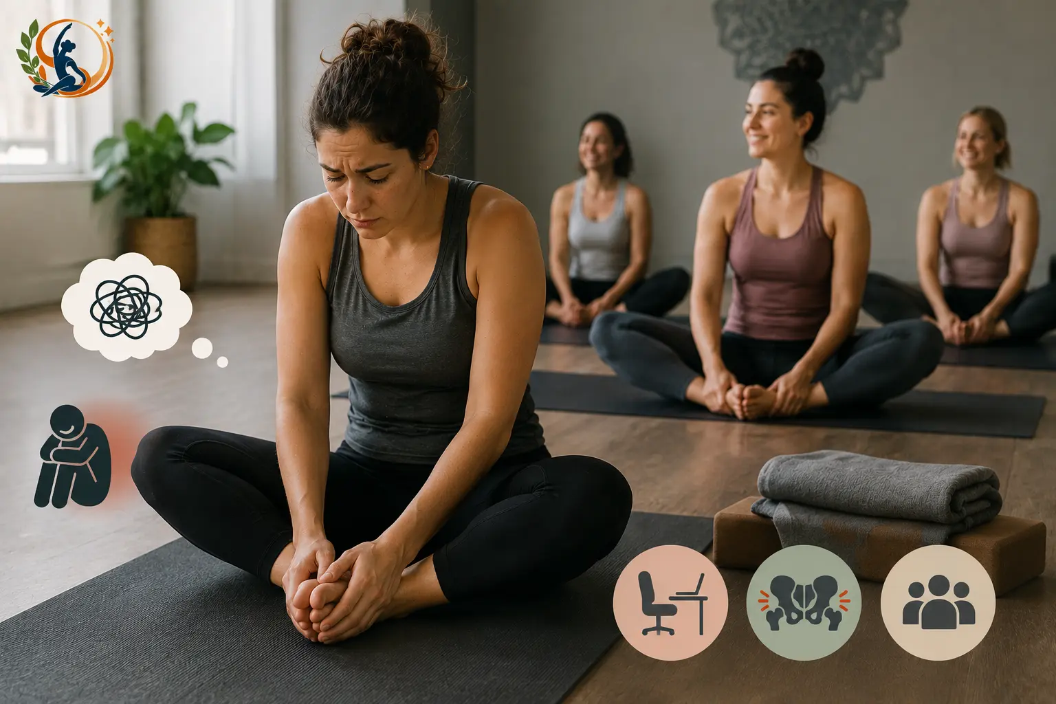 Woman practicing Bound Angle Pose in a yoga studio while other students practice behind her, illustrating tight hips, limited flexibility and discomfort during group yoga.