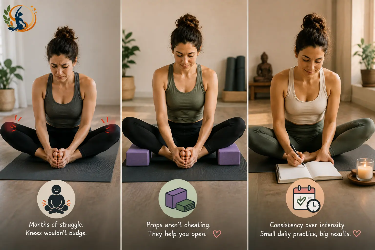 Woman practicing Bound Angle Pose through three stages: struggling with tight hips, using yoga blocks for support and building consistency with daily practice.
