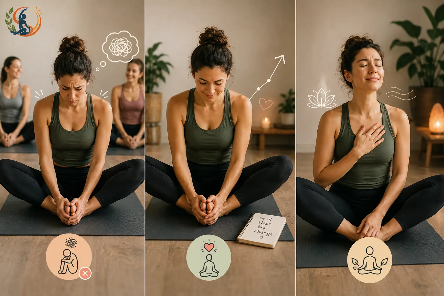Woman practicing Bound Angle Pose through an emotional journey from self-comparison and frustration to celebrating small progress and finding calm through self-acceptance.