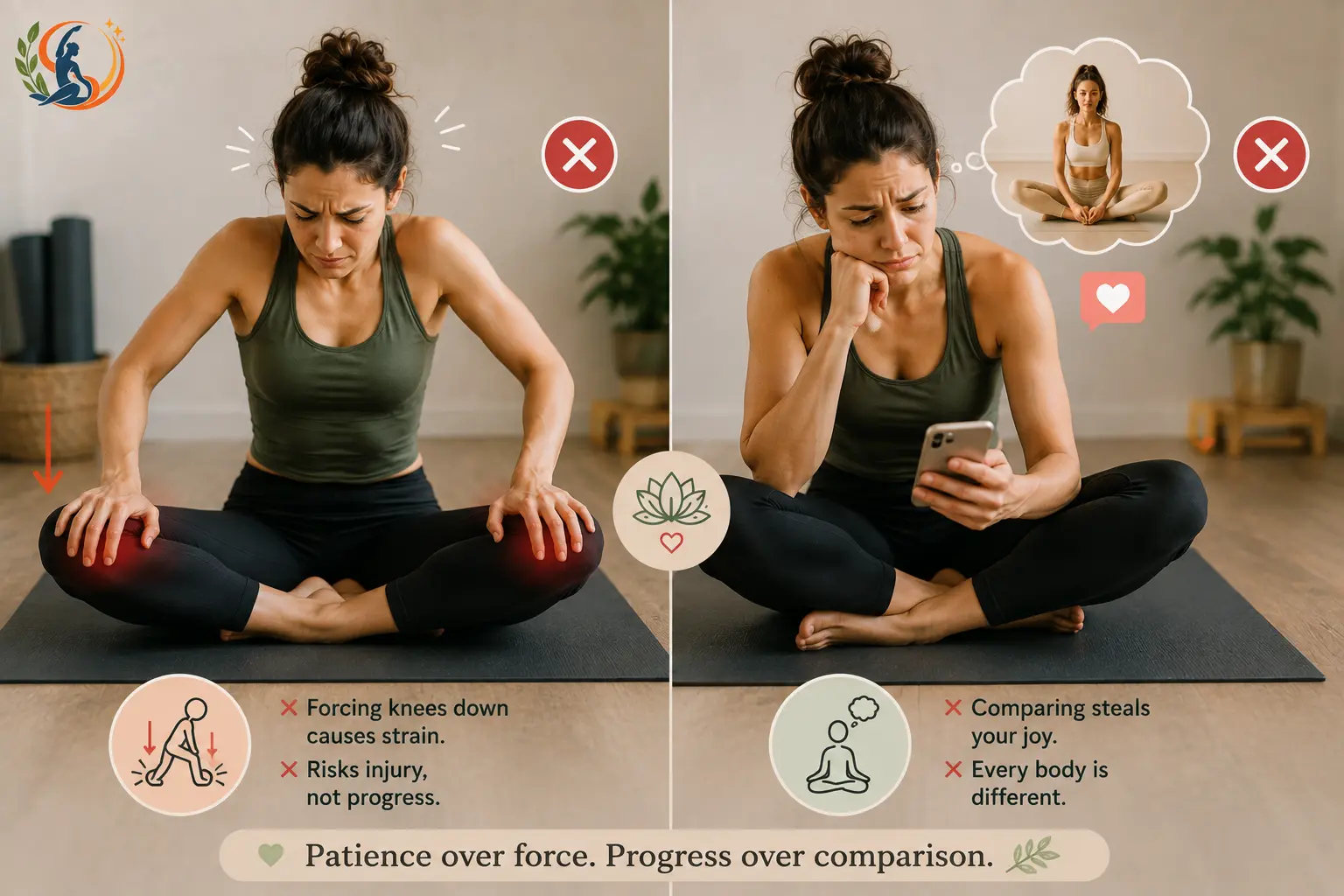 Woman practicing Bound Angle Pose while learning to avoid forcing her knees and comparing her flexibility with others, emphasizing patience and steady progress.