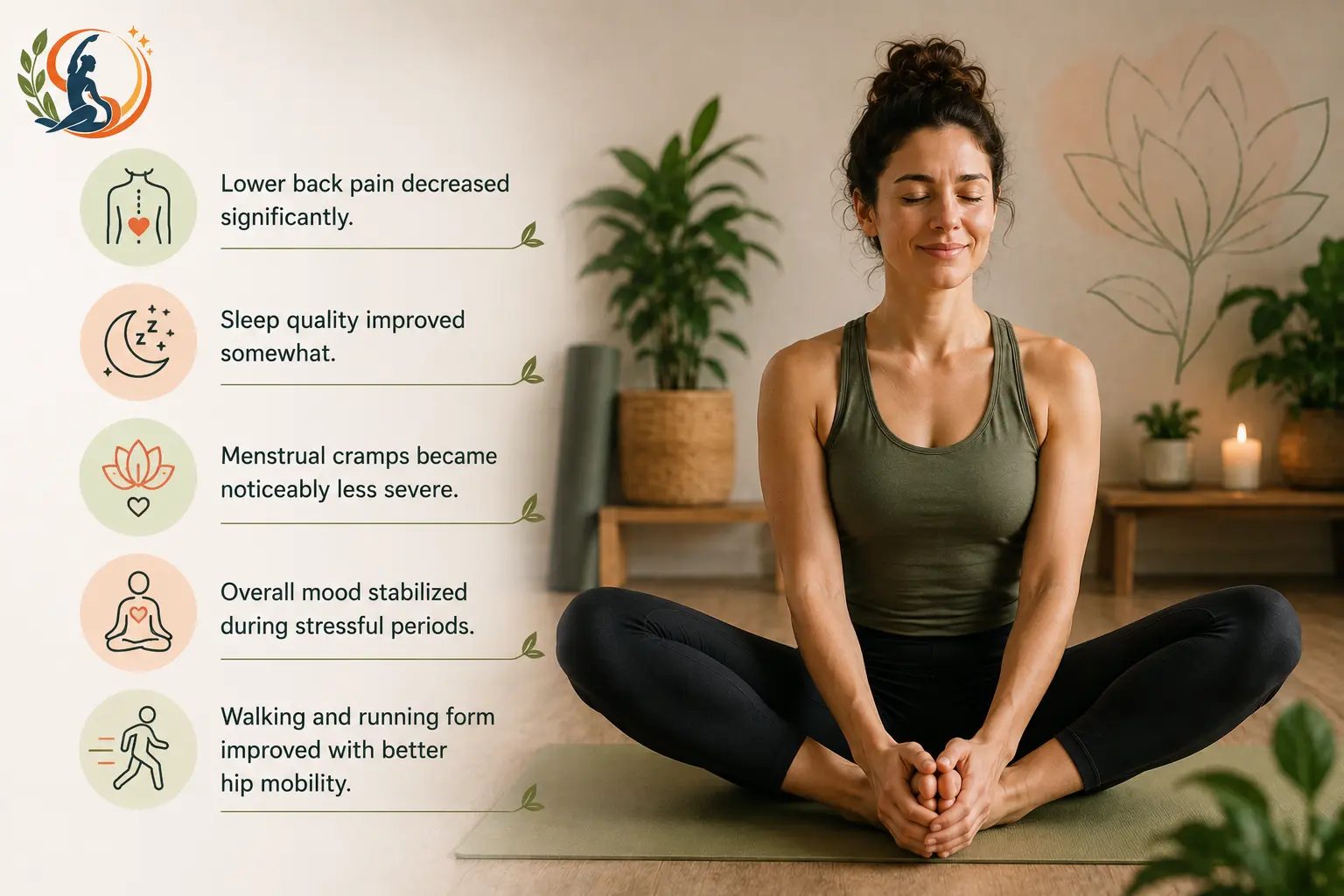 Woman practicing Bound Angle Pose, representing improved hip mobility, reduced back discomfort, better sleep, easier movement and greater emotional well-being.