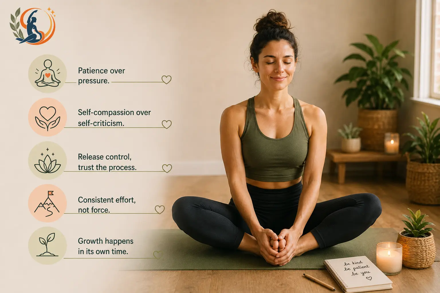 Woman practicing Bound Angle Pose in a calm yoga studio, representing patience, self-compassion, letting go of control, consistent effort and personal growth.