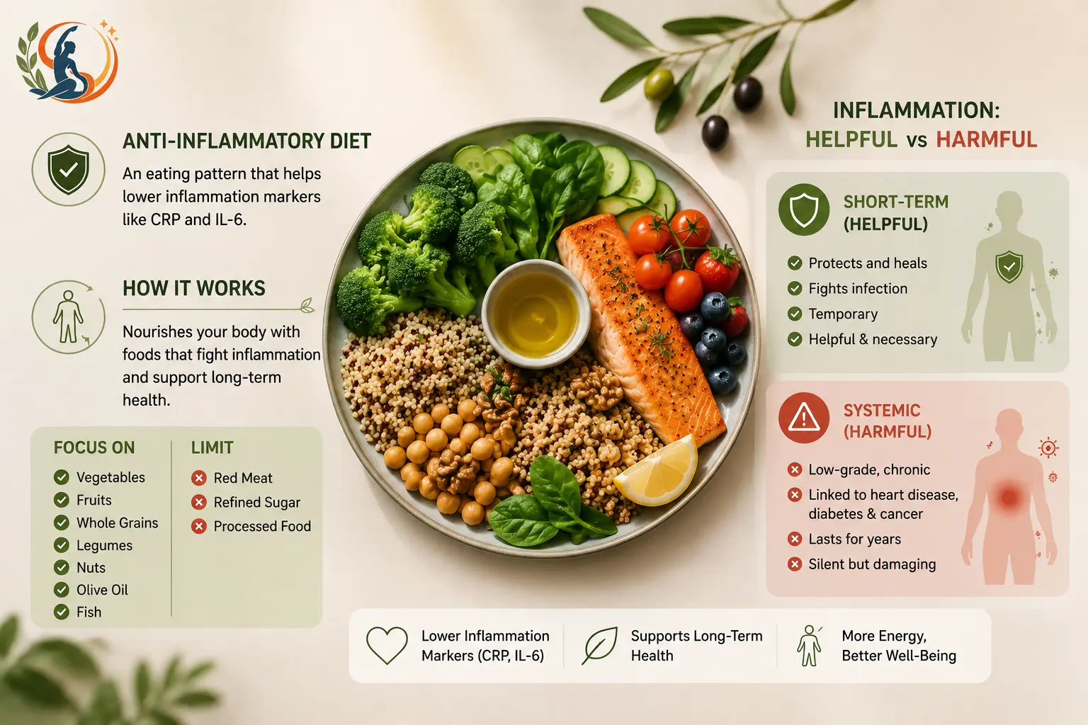 Anti-inflammatory diet infographic showing a colorful whole-food plate, foods to focus on and limit and the difference between helpful short-term inflammation and harmful chronic systemic inflammation.