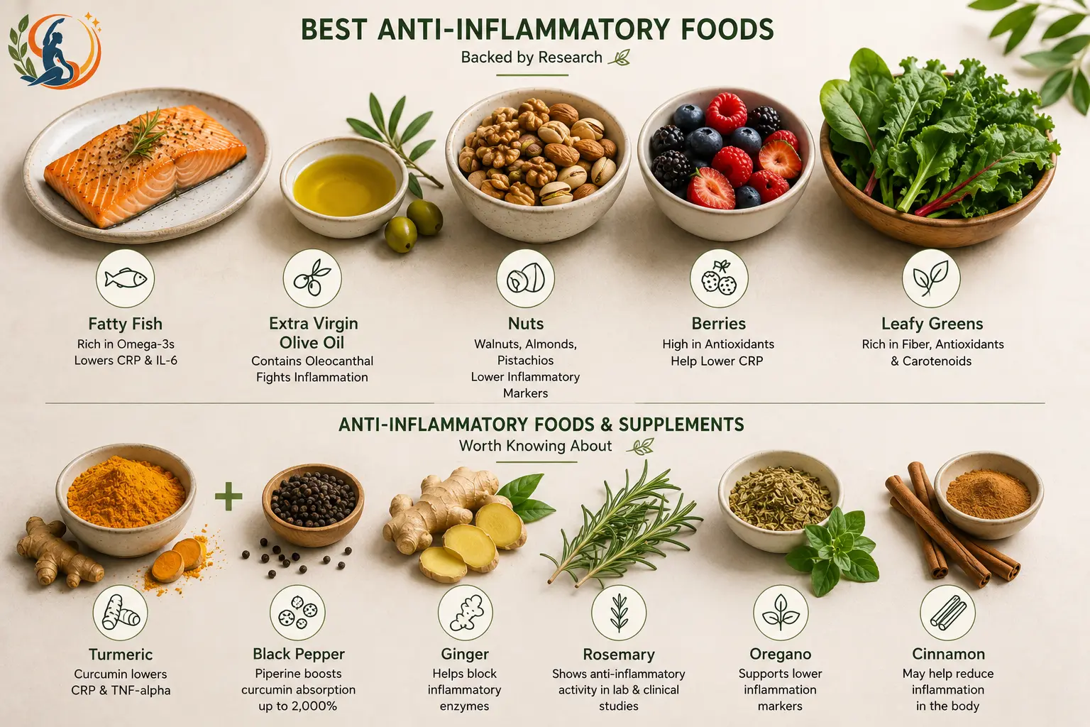 Anti-inflammatory foods infographic featuring salmon, extra-virgin olive oil, nuts, berries, leafy greens, turmeric, black pepper, ginger, rosemary oregano and cinnamon, with simple icons showing their potential inflammation-supporting benefits.