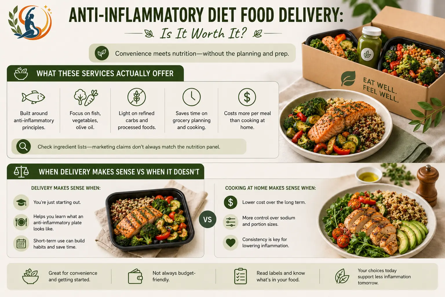 Anti-inflammatory meal delivery infographic showing healthy prepared meals, key benefits and costs, plus a comparison of delivery convenience versus cooking at home.