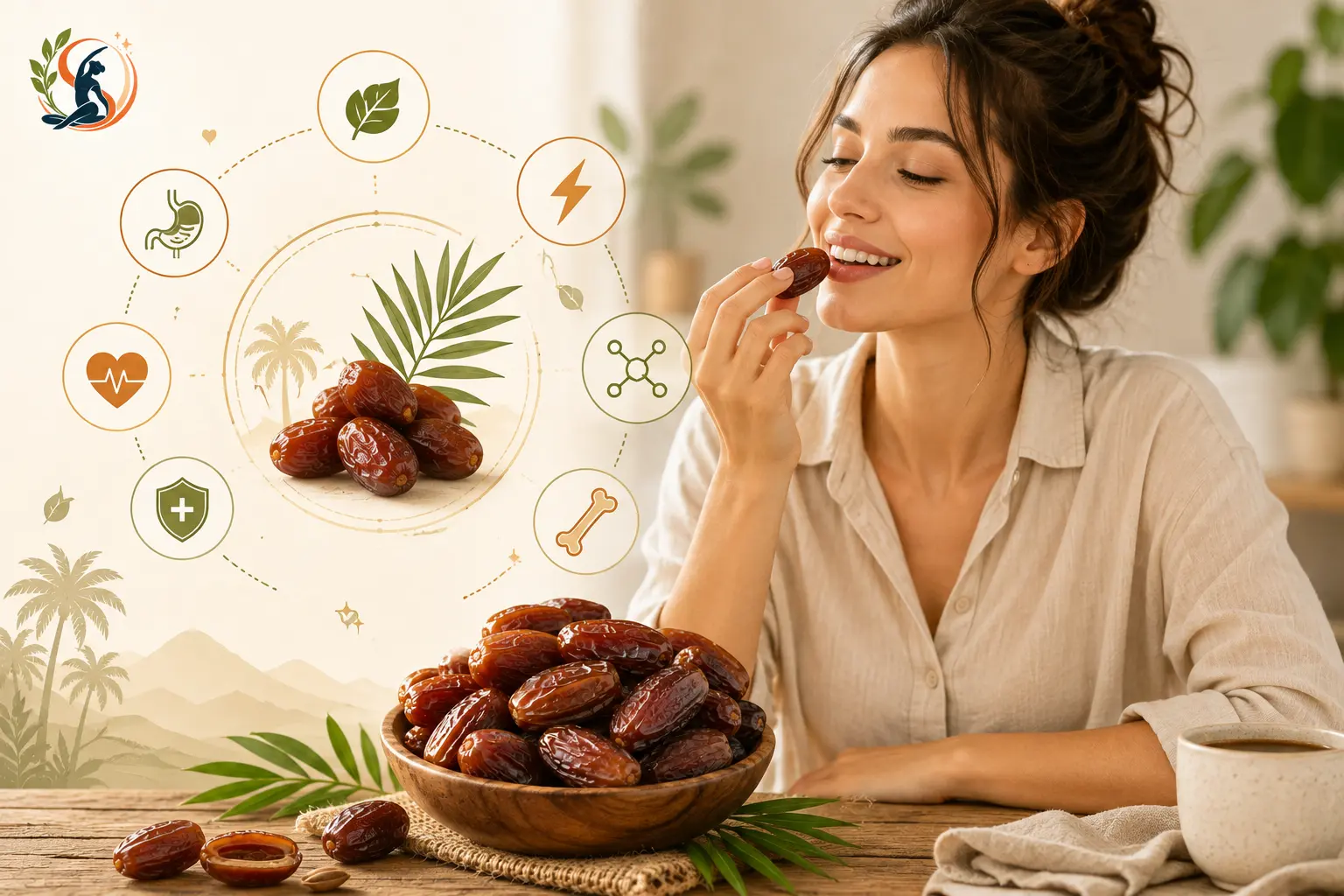 Woman eating dates with healthy food and wellness symbols