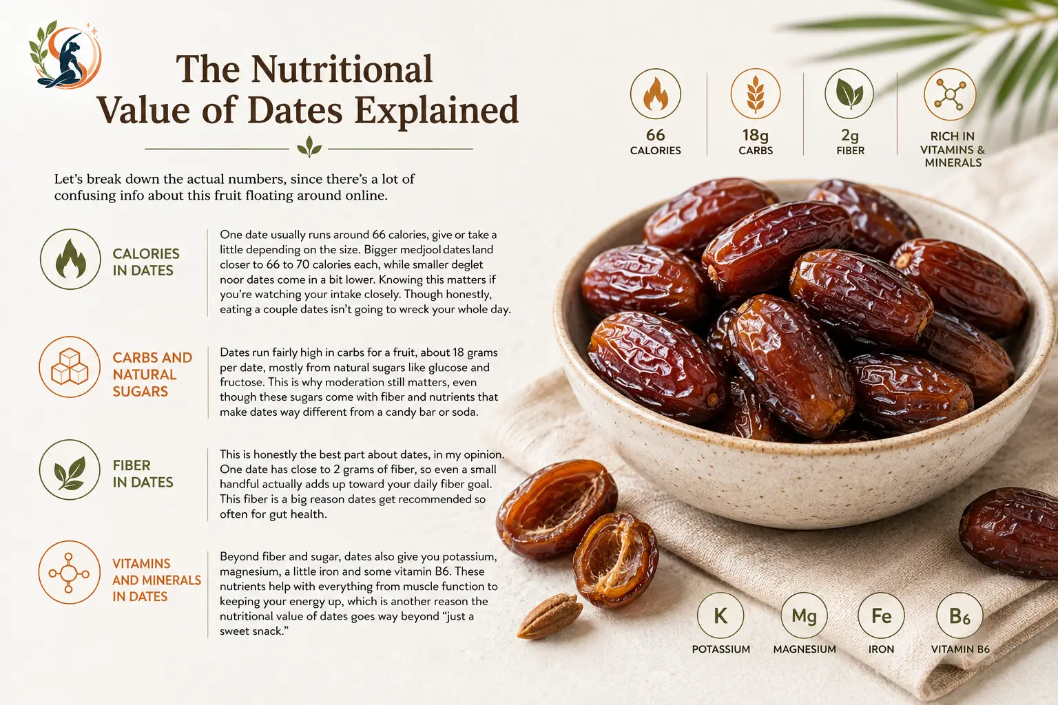 Fresh dates in a bowl with date palm trees and a desert oasis