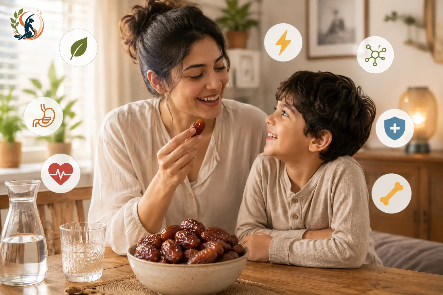 Mother giving a date to her child at home with wellness icons and a bowl of dates