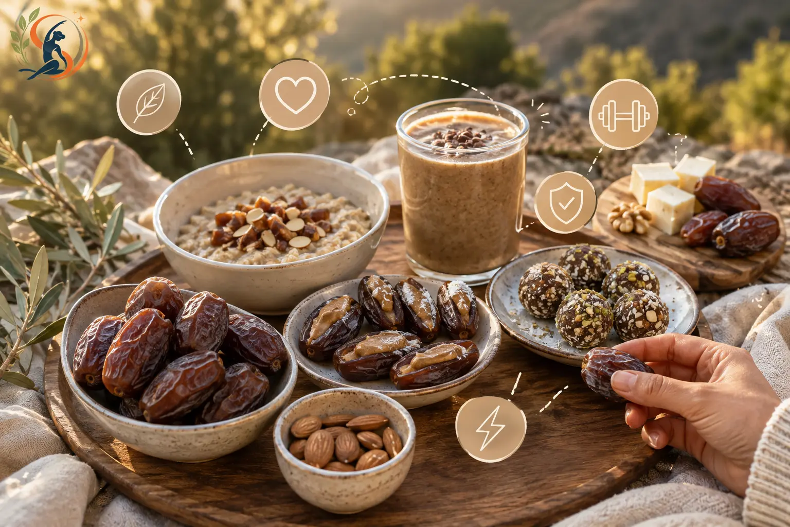 Dates in a bowl with nutrition and health icons showing calories, fiber, vitamins and minerals