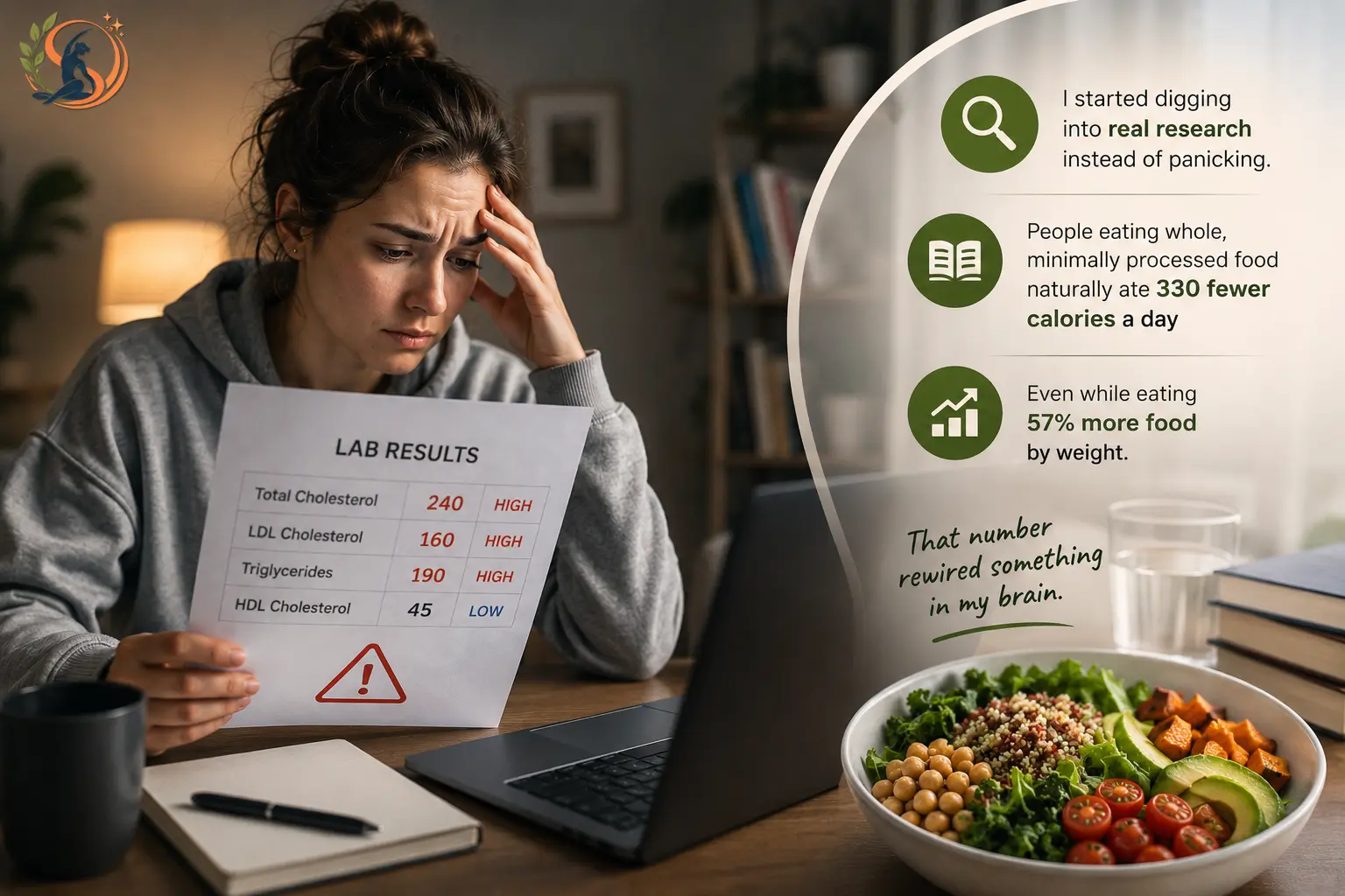 Worried woman reviewing cholesterol lab results while researching whole-food nutrition, with a healthy meal and research findings showing 330 fewer calories and 57% more food by weight.