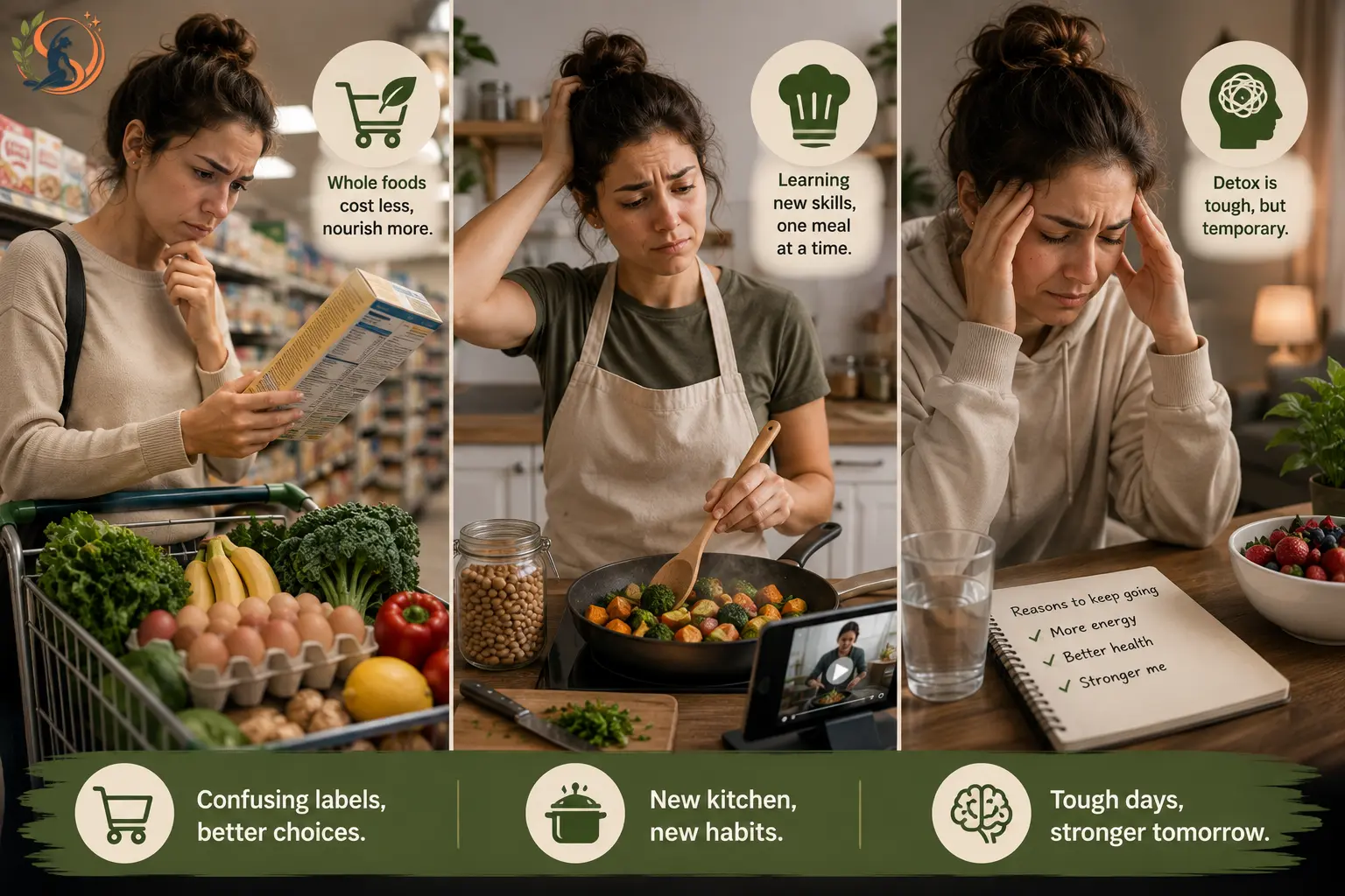 Woman navigating the challenges of starting a whole-food diet, including reading grocery labels, learning to cook fresh meals and managing temporary sugar cravings and discomfort.